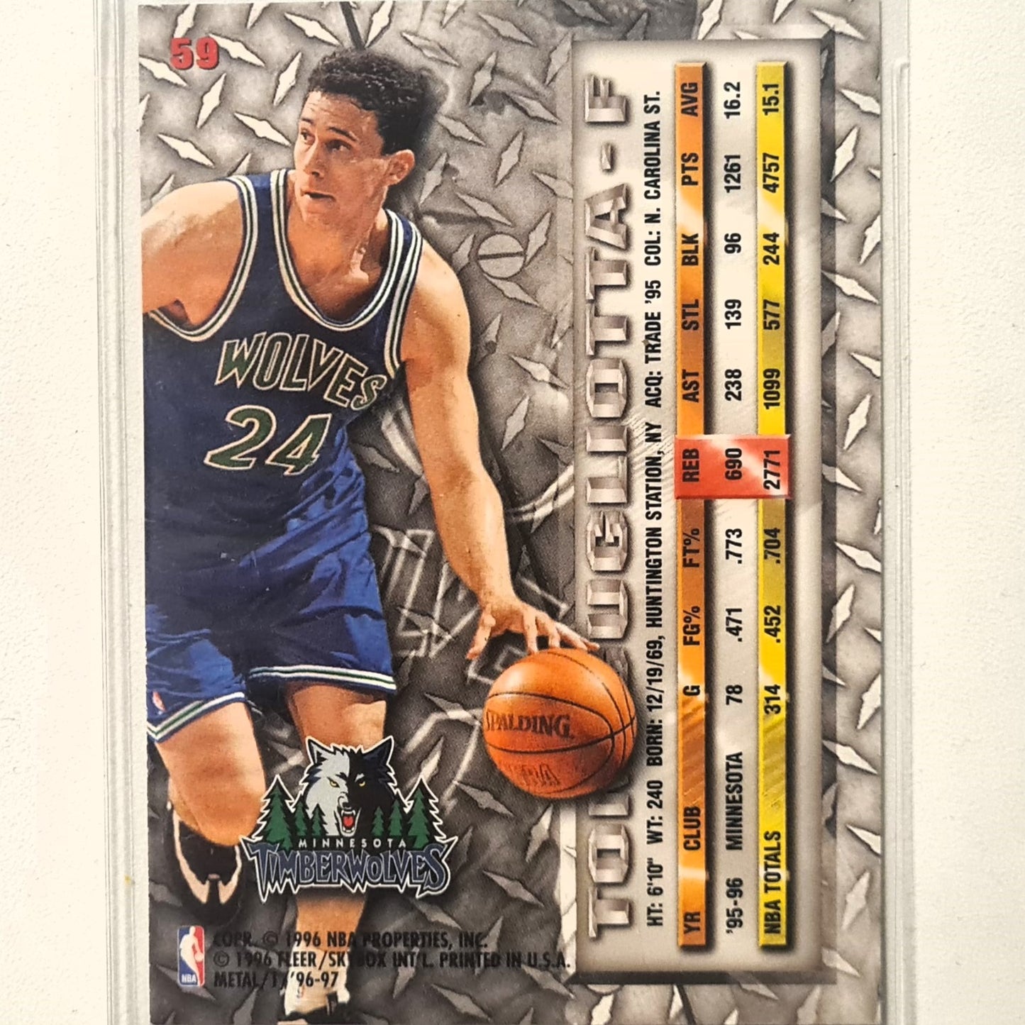 Tom Gugliotta 1996 Fleer metal 96-97 #59 NBA Basketball Minnesota Timberwolves Excellent sleeved