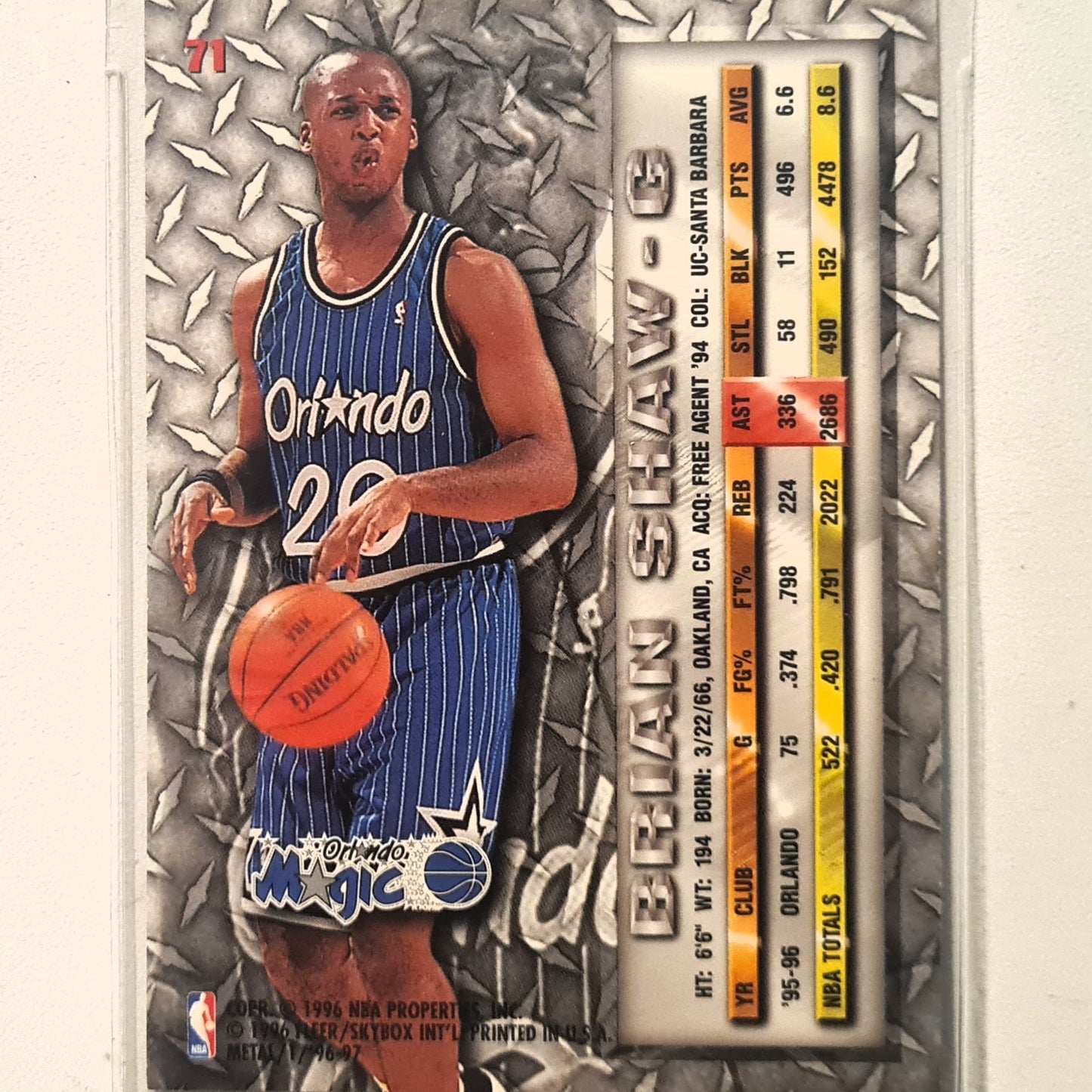 Brian Shaw 1996 Fleer metal 96-97 #71 NBA Basketball Orlando Magic Excellent sleeved