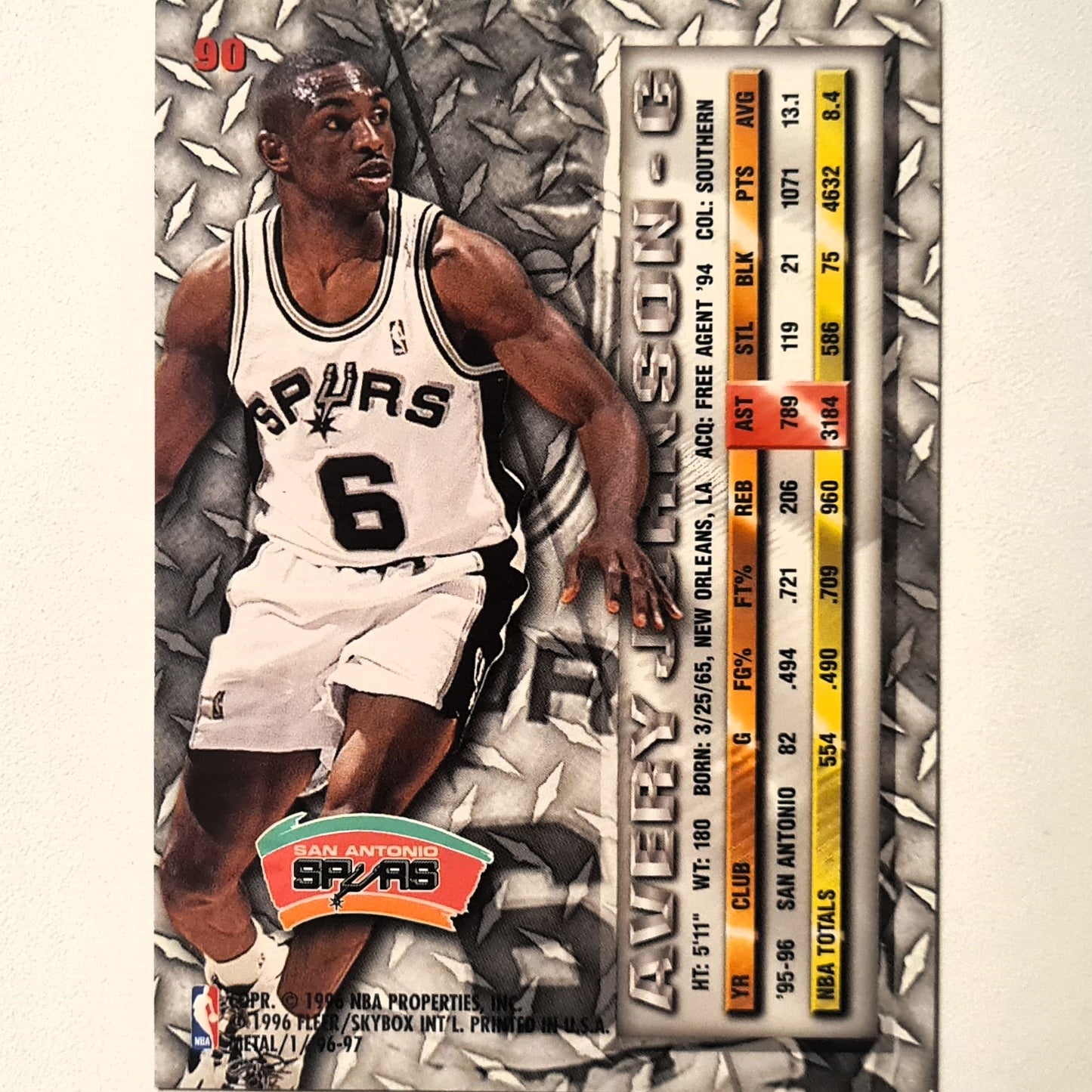 Avery Johnson 1996 Fleer metal 96-97 #90 NBA Basketball San Antonio Spurs Excellent sleeved