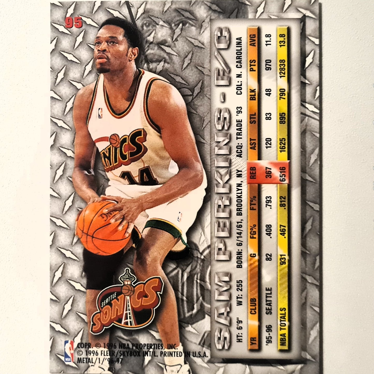 Sam Perkins 1996 Fleer metal 96-97 #95 NBA Basketball Seattle Super Sonics Excellent sleeved