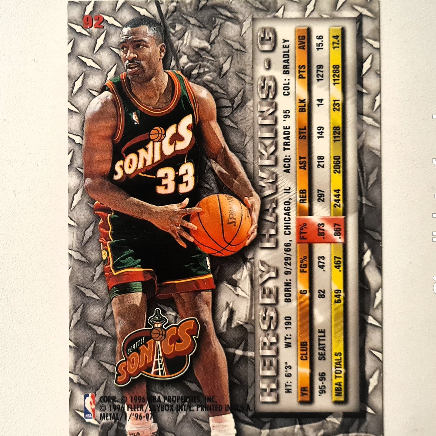 Hersey Hawkins 1996 Fleer metal 96-97 #92 NBA Basketball Seattle Super Sonics Excellent sleeved