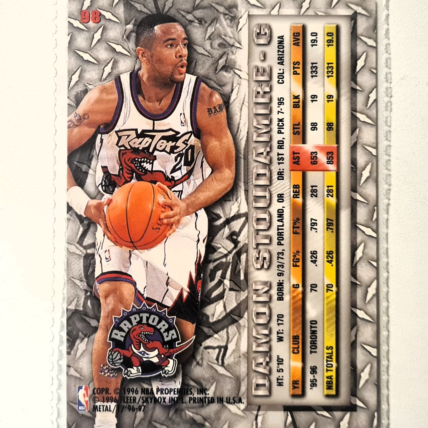 Damon Stoudamire 1996 Fleer metal 96-97 #98 NBA Basketball Toronto Raptors Excellent sleeved