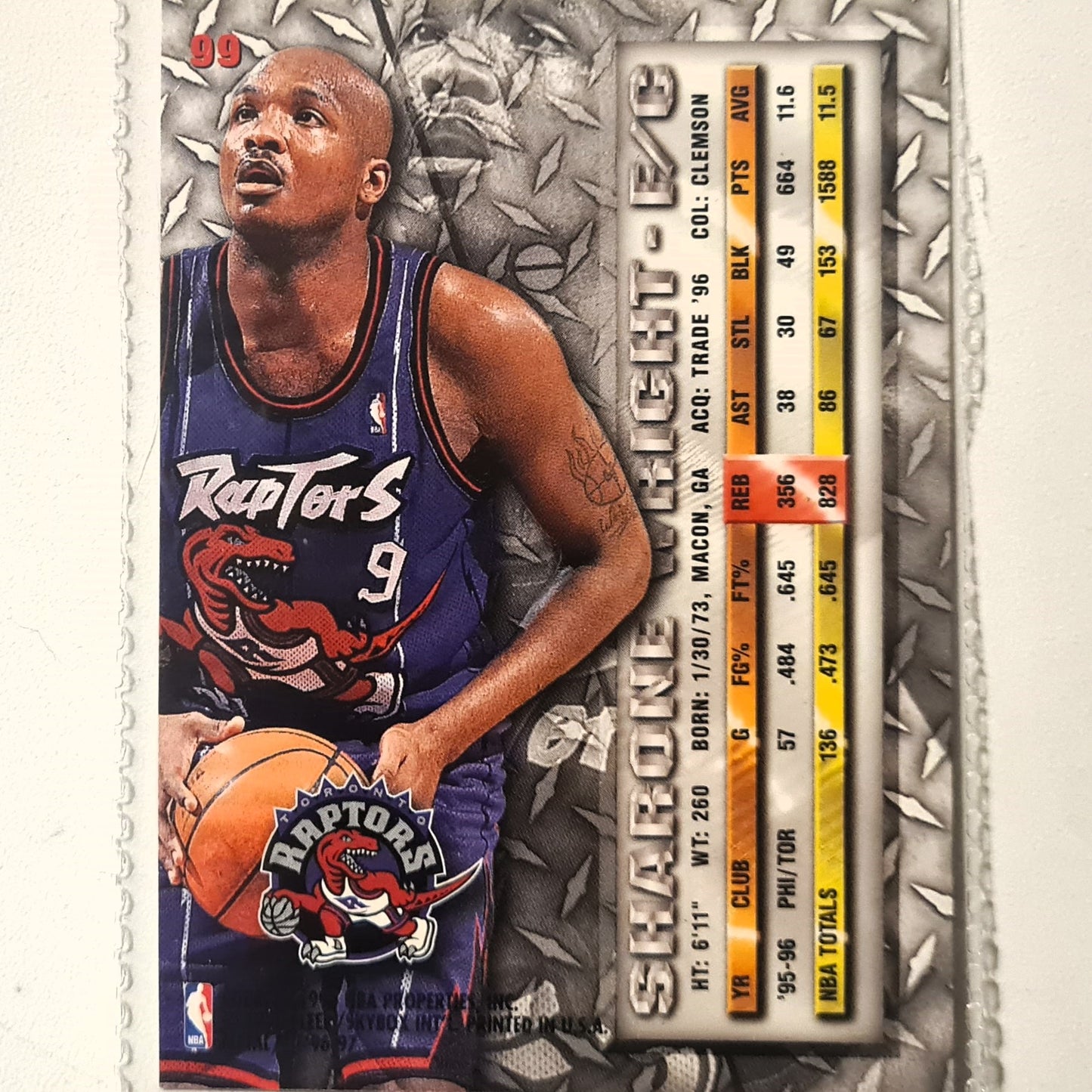Sharone Wright 1996 Fleer metal 96-97 #99 NBA Basketball Toronto Raptors Excellent sleeved