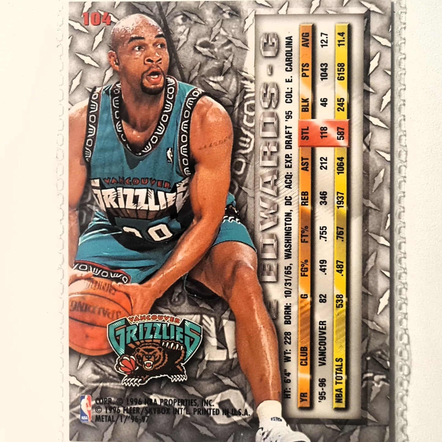 Blue Edwards 1996 Fleer metal 96-97 #104 NBA Basketball Vancouver Grizzlies Excellent sleeved