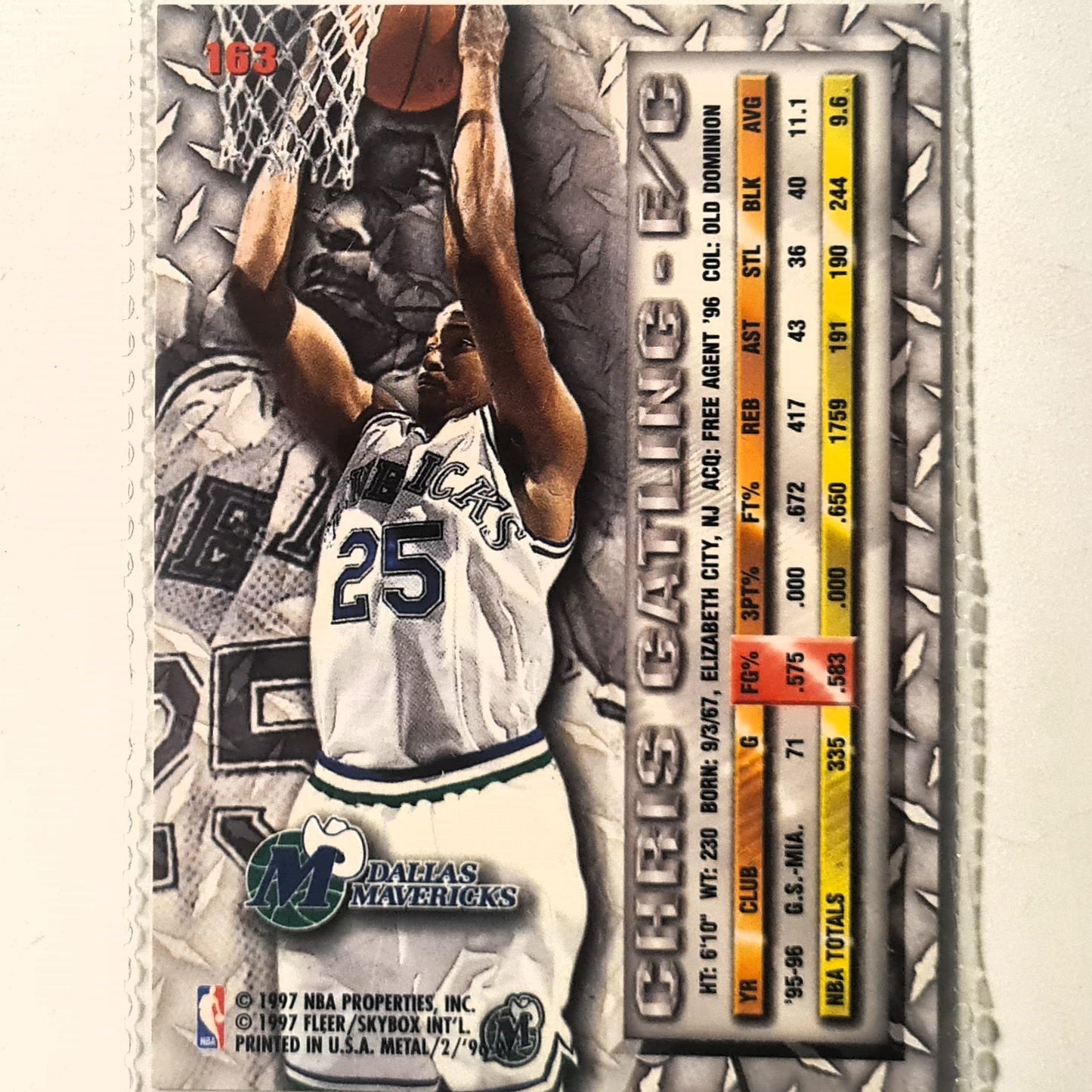 Chris Gatling 1996 Fleer metal 96-97 #163 NBA Basketball Dallas Mavericks Excellent sleeved