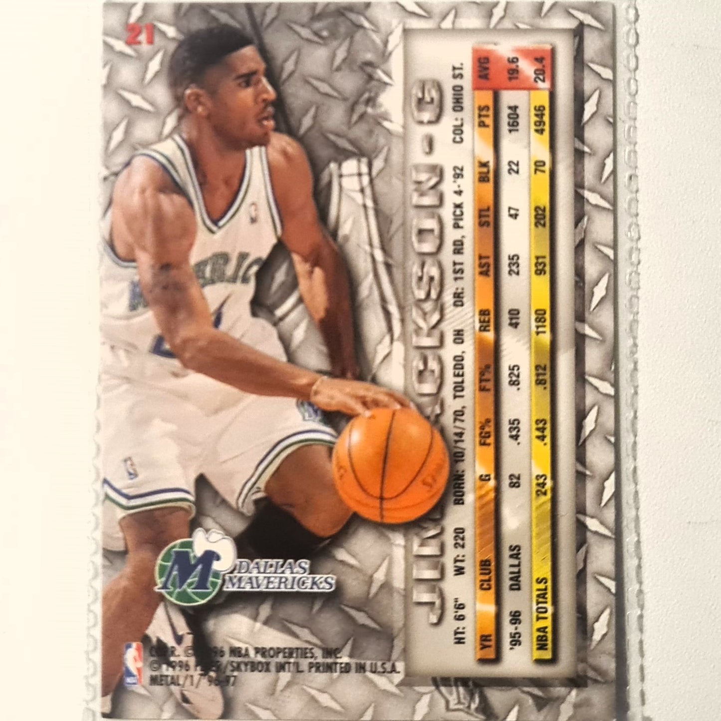 Jim Jackson 1996 Fleer metal 96-97 #21 NBA Basketball Dallas Mavericks Excellent sleeved