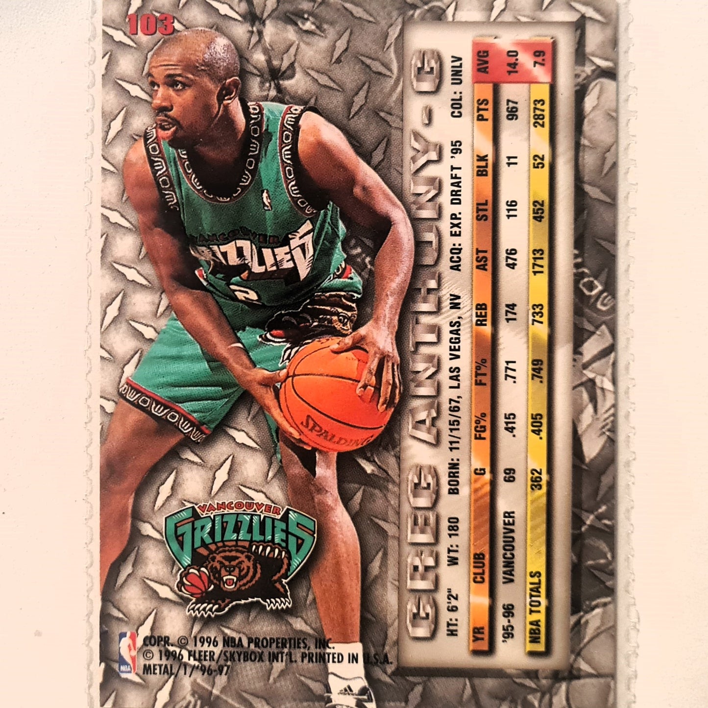 Greg Anthony 1996 Fleer metal 96-97 #103 NBA Basketball Vancouver Grizzlies Excellent sleeved