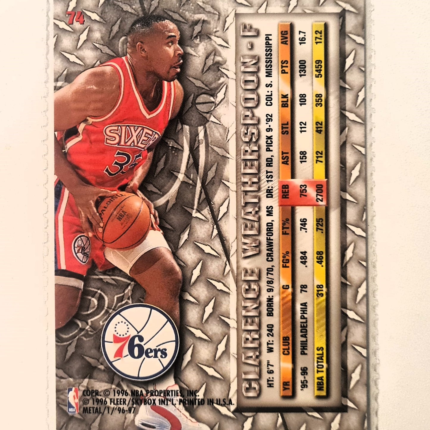 Clarence Weatherspoon 1996 Fleer metal 96-97 #74 NBA Basketball Philadelphia 76ers Excellent sleeved