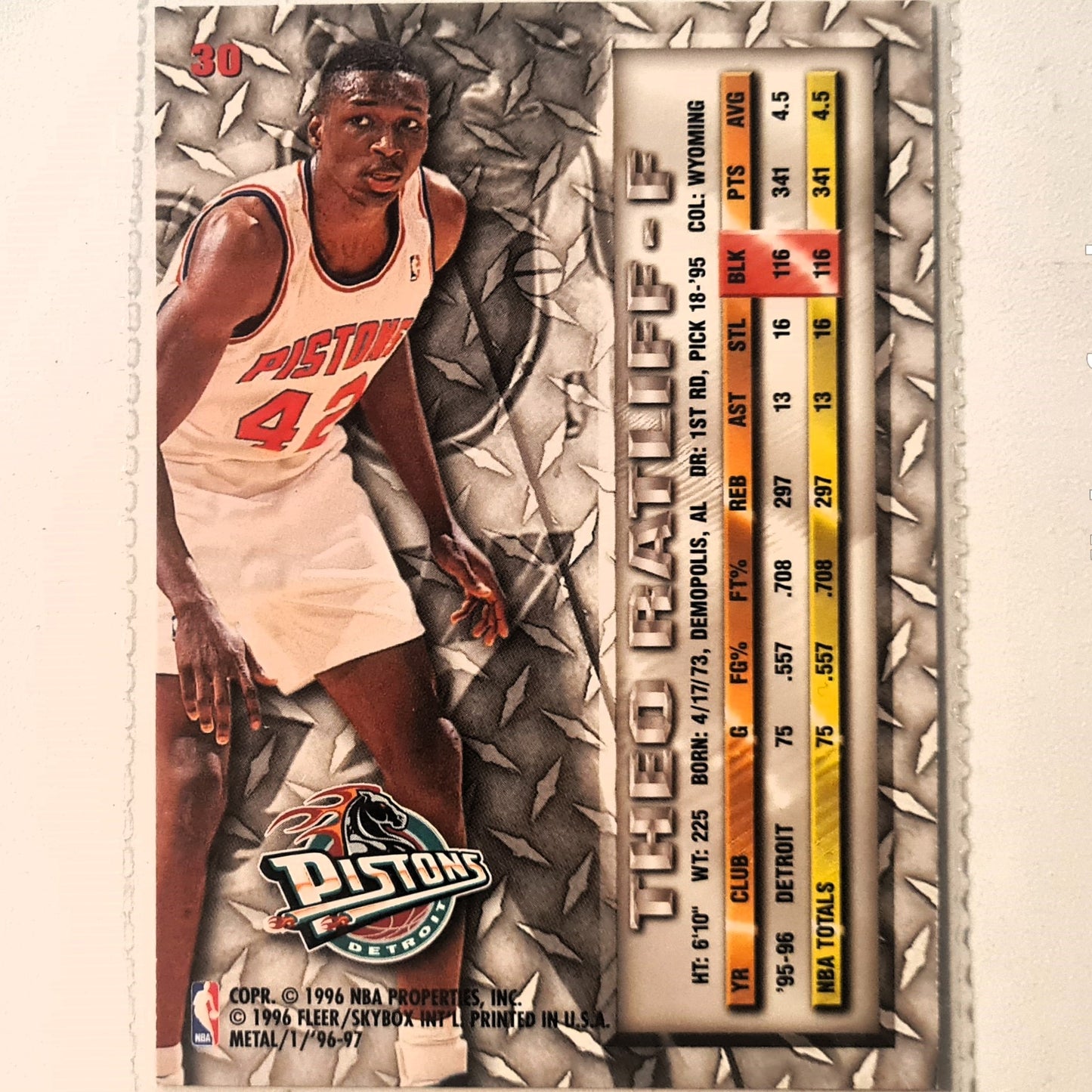 Theo Ratliff 1996 Fleer metal 96-97 #30 NBA Basketball Detroit Pistons Excellent sleeved