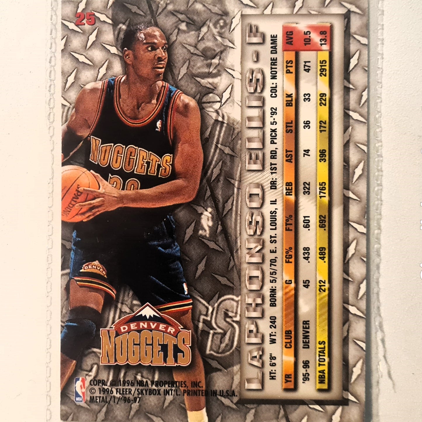 LaPhonso Ellis 1996 Fleer metal 96-97 #25 NBA Basketball Denver Nuggets Excellent sleeved