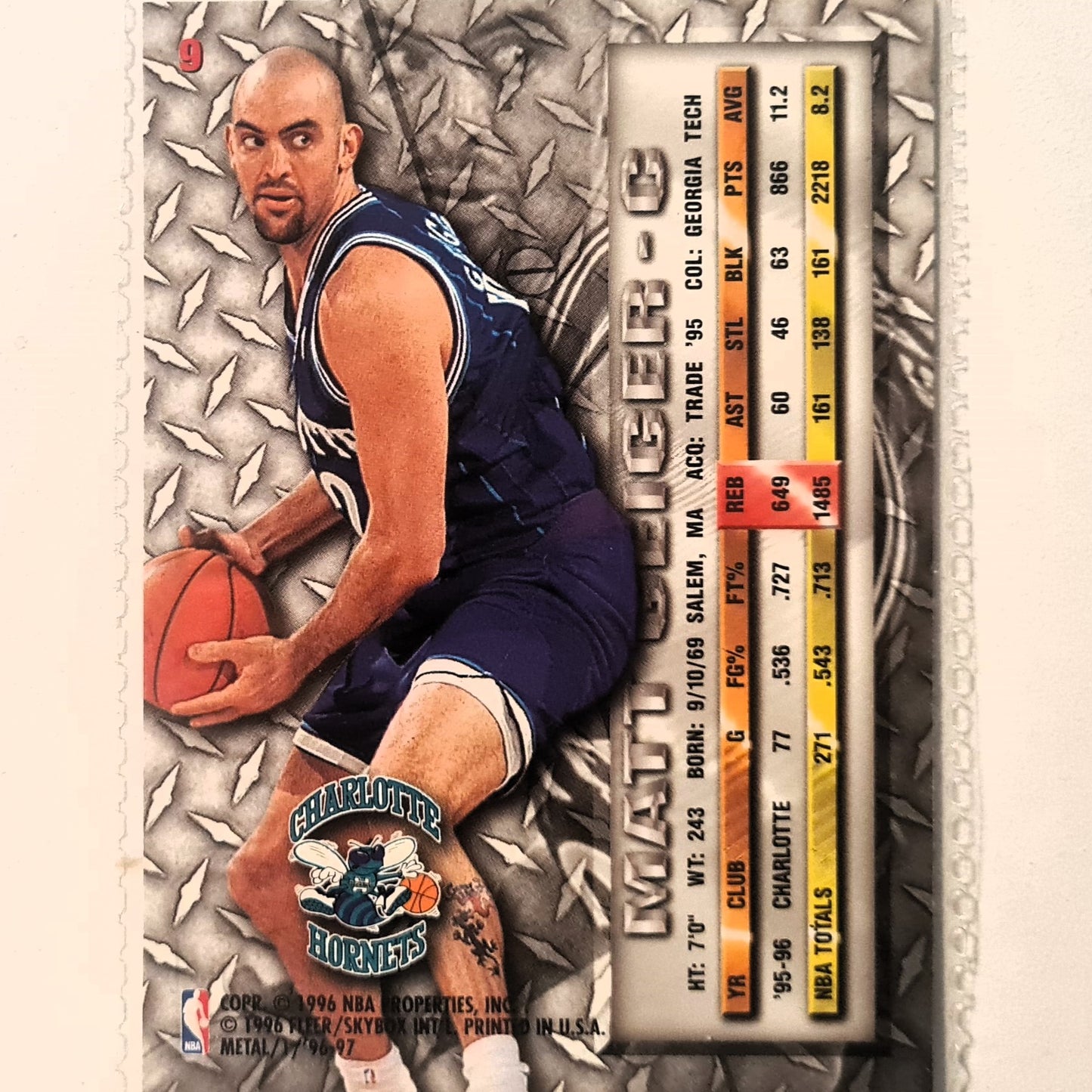 Matt Geiger 1996 Fleer metal 96-97 #9 NBA Basketball Charlotte Hornets Excellent sleeved