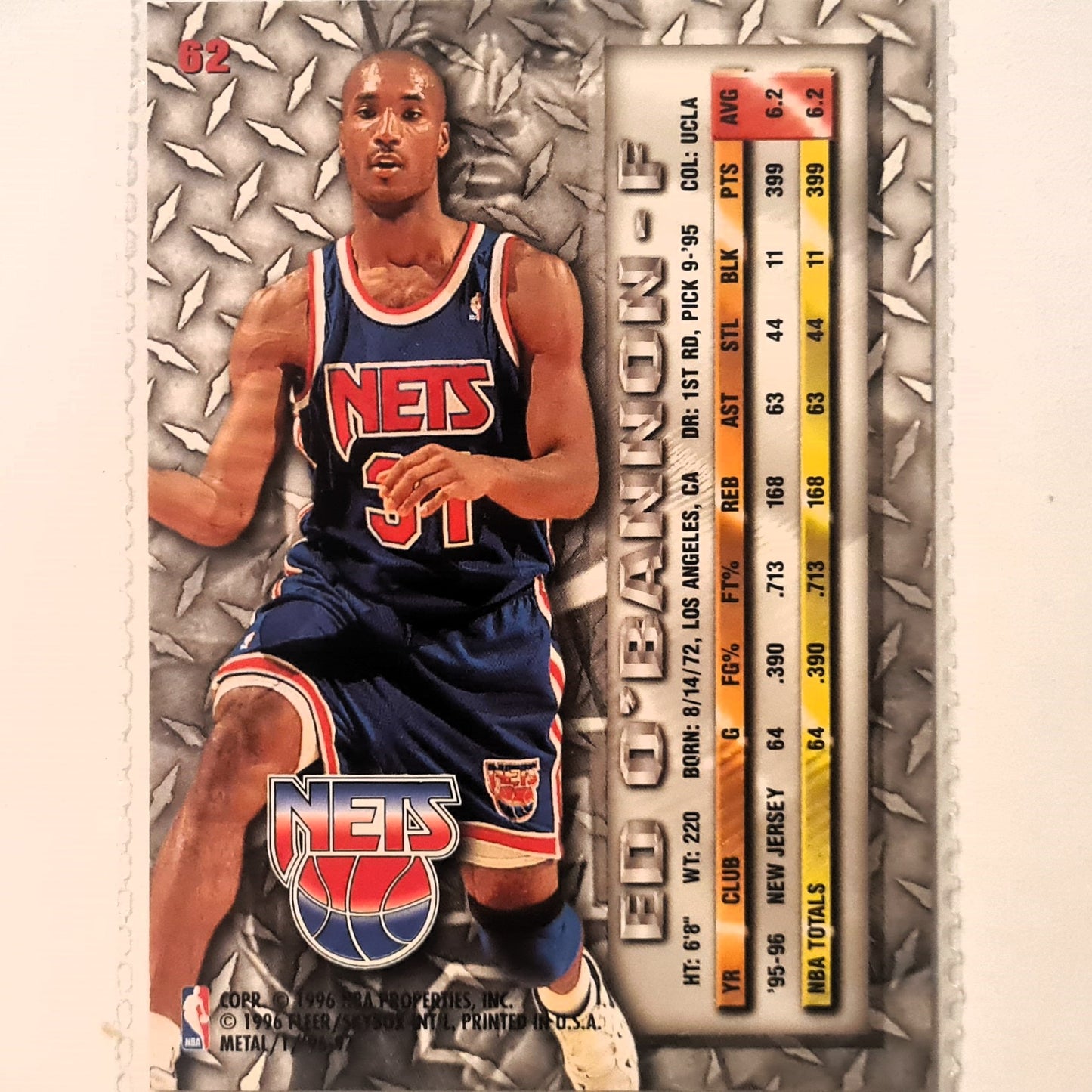 Ed O'Bannon 1996 Fleer metal 96-97 #62 NBA Basketball New Jersey Nets Excellent sleeved