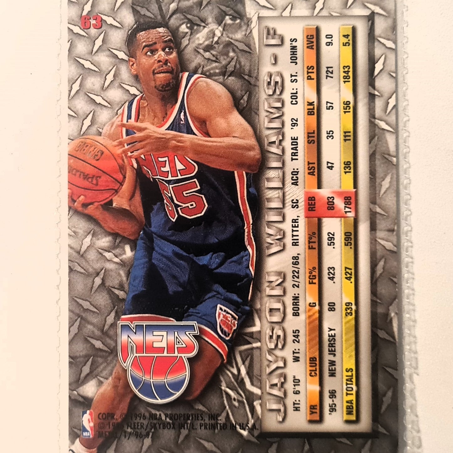 Jayson Williams 1996 Fleer metal 96-97 #63 NBA Basketball New Jersey Nets Excellent sleeved