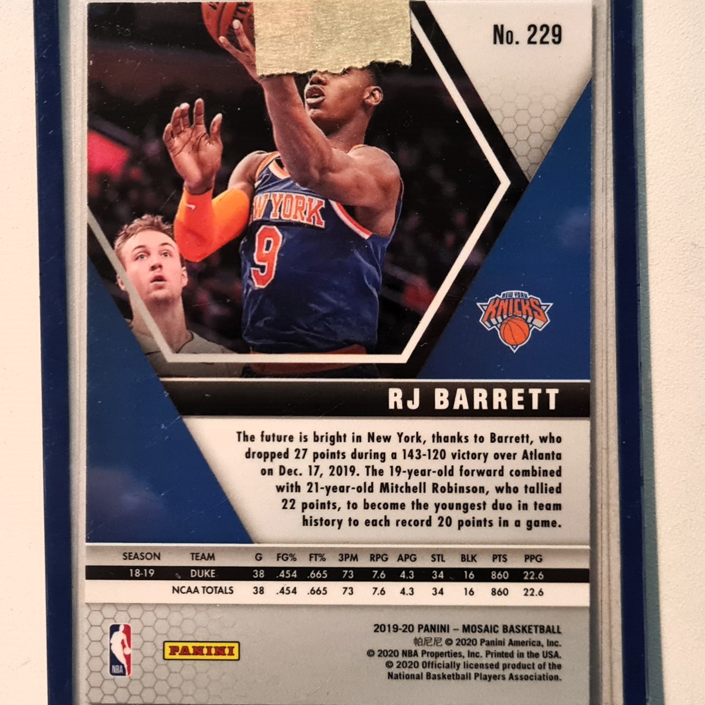 RJ Barrett 2019-20 Panini Mosaic Rookie RC #229 NBA Basketball New York Knicks excellent Sleeved