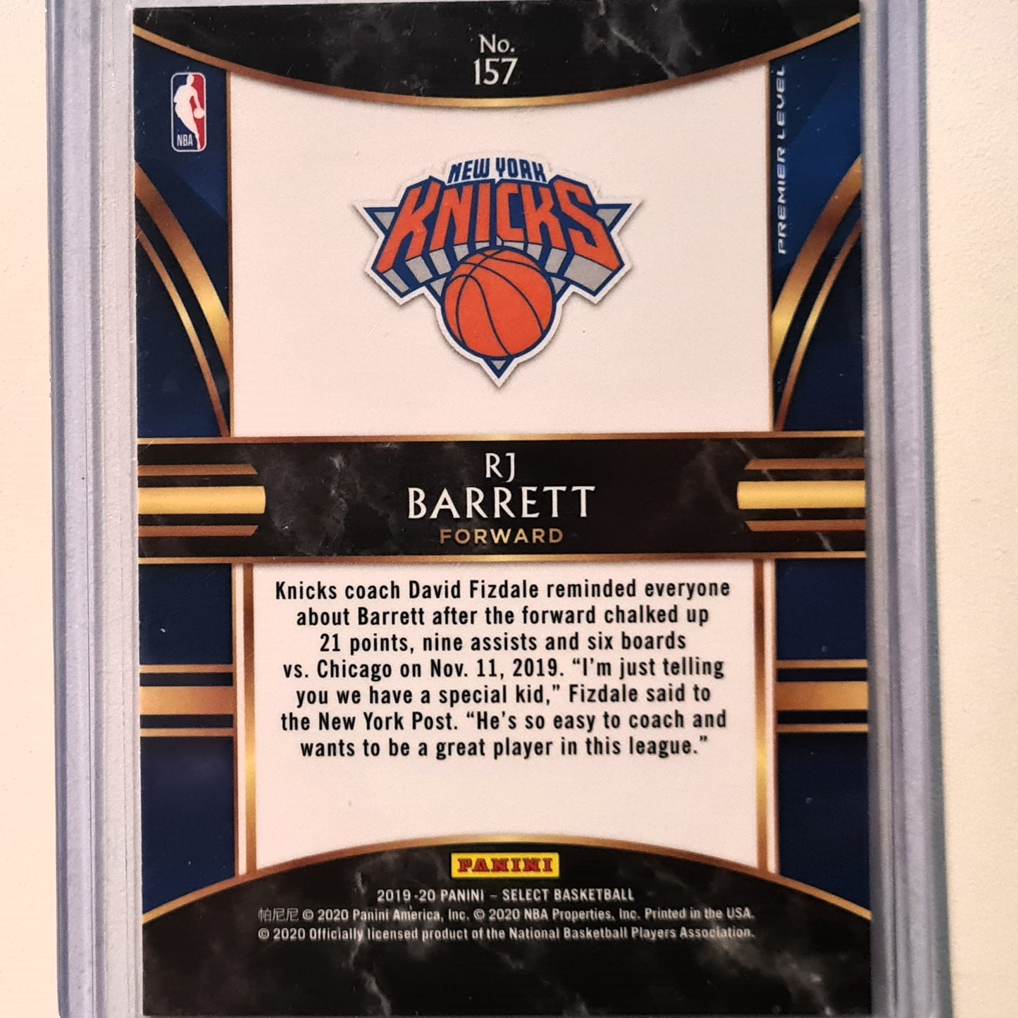 RJ Barrett 2019-20 Panini Select Rookie RC Premier Level #157 NBA Basketball New York Knicks excellent/mint Sleeved