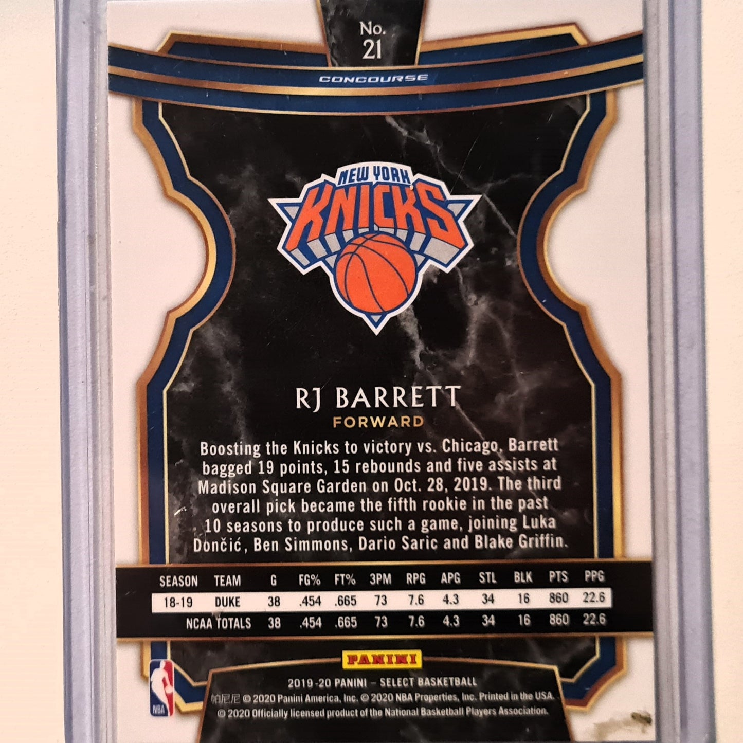 RJ Barrett 2019-20 Panini Select Rookie RC Concourse #21 NBA Basketball New York Knicks excellent/mint Sleeved