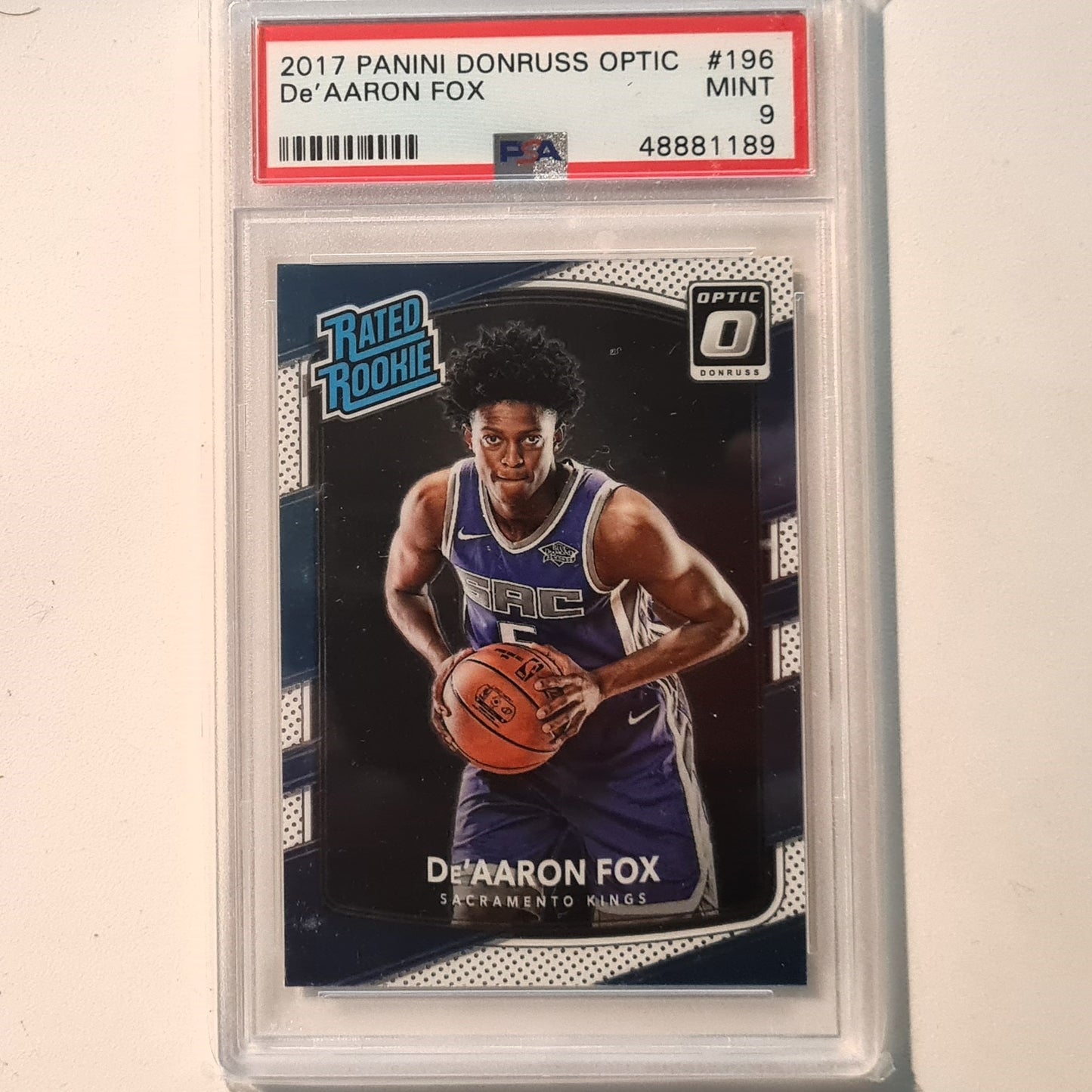 De'Aaron Fox 2017-18 Panini Donruss Optic Rated Rookie RC #196 NBA Basketball Sacramento Kings PSA 9 Mint graded slab