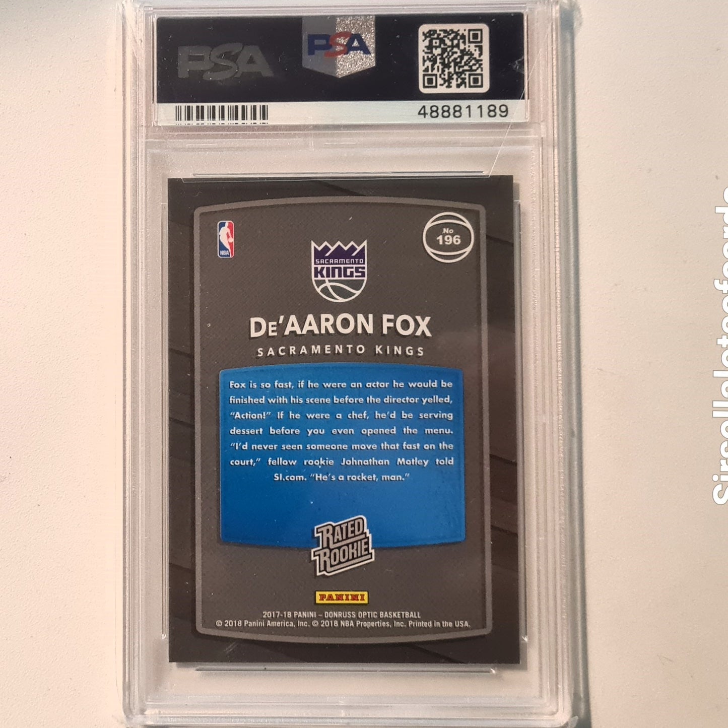 De'Aaron Fox 2017-18 Panini Donruss Optic Rated Rookie RC #196 NBA Basketball Sacramento Kings PSA 9 Mint graded slab