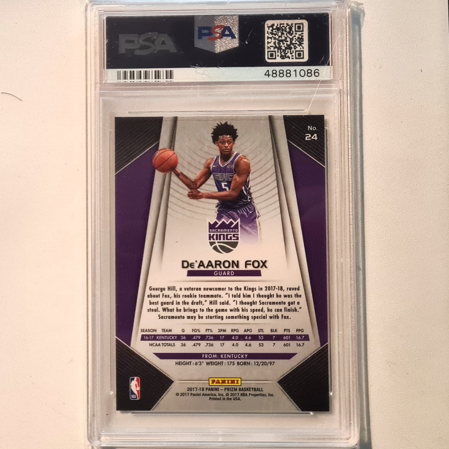 De'Aaron Fox 2017-18 Panini Prizm Rookie RC #24 NBA Basketball Sacramento Kings PSA 9 Mint graded slab