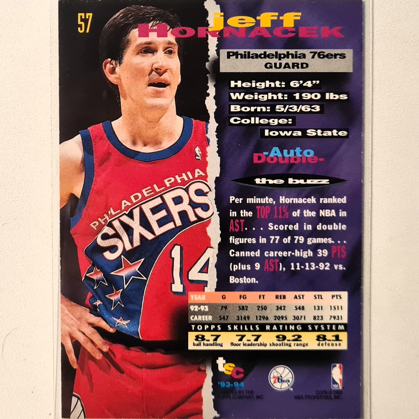 Jeff Hornacek 1993 Topps Stadium Club #84 NBA Basketball Philadelphia 76ers excellent Sleeved