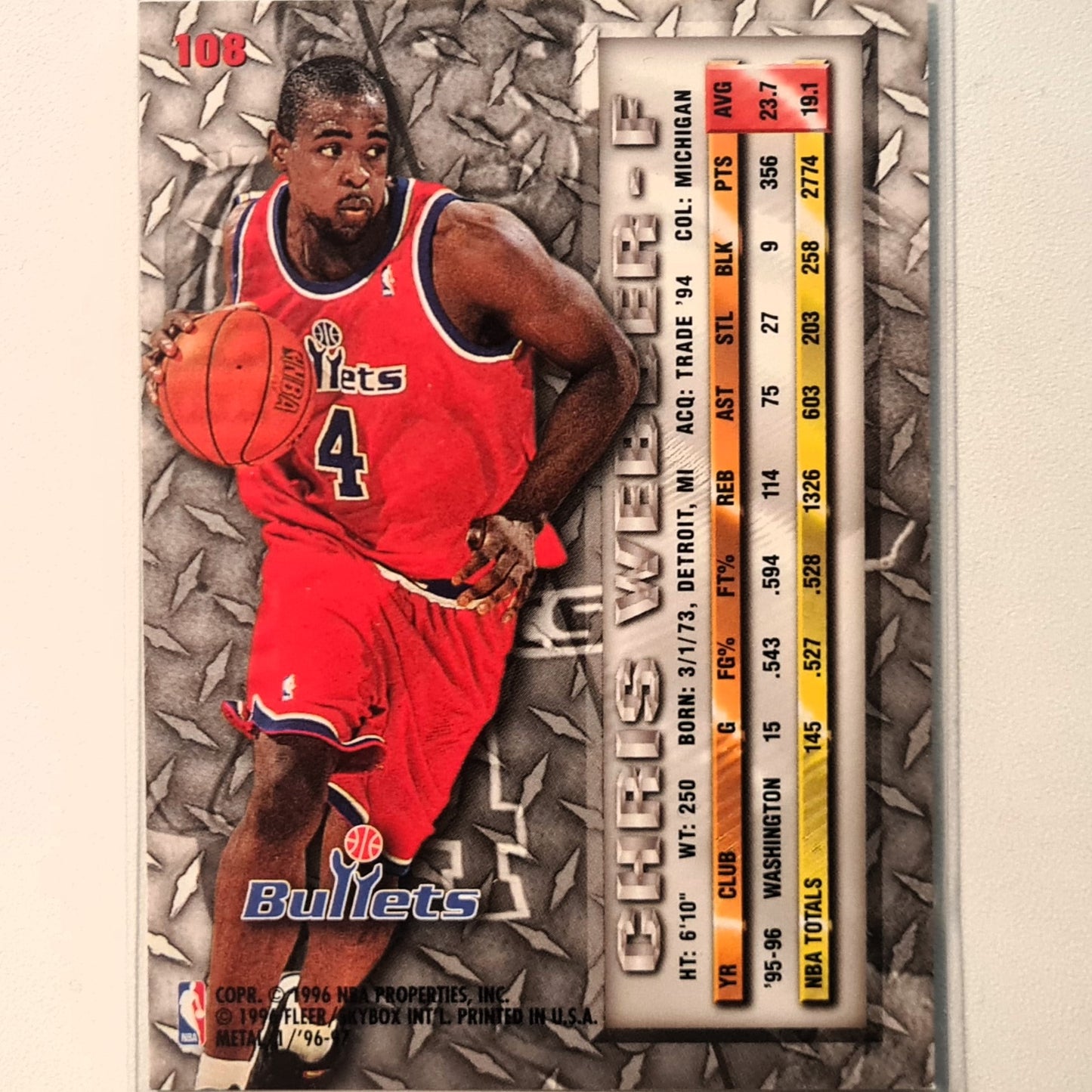 Chris Webber 1996 Fleer 96-97 Metal #108 NBA Basketball Washington Bullets Excellent Sleeved