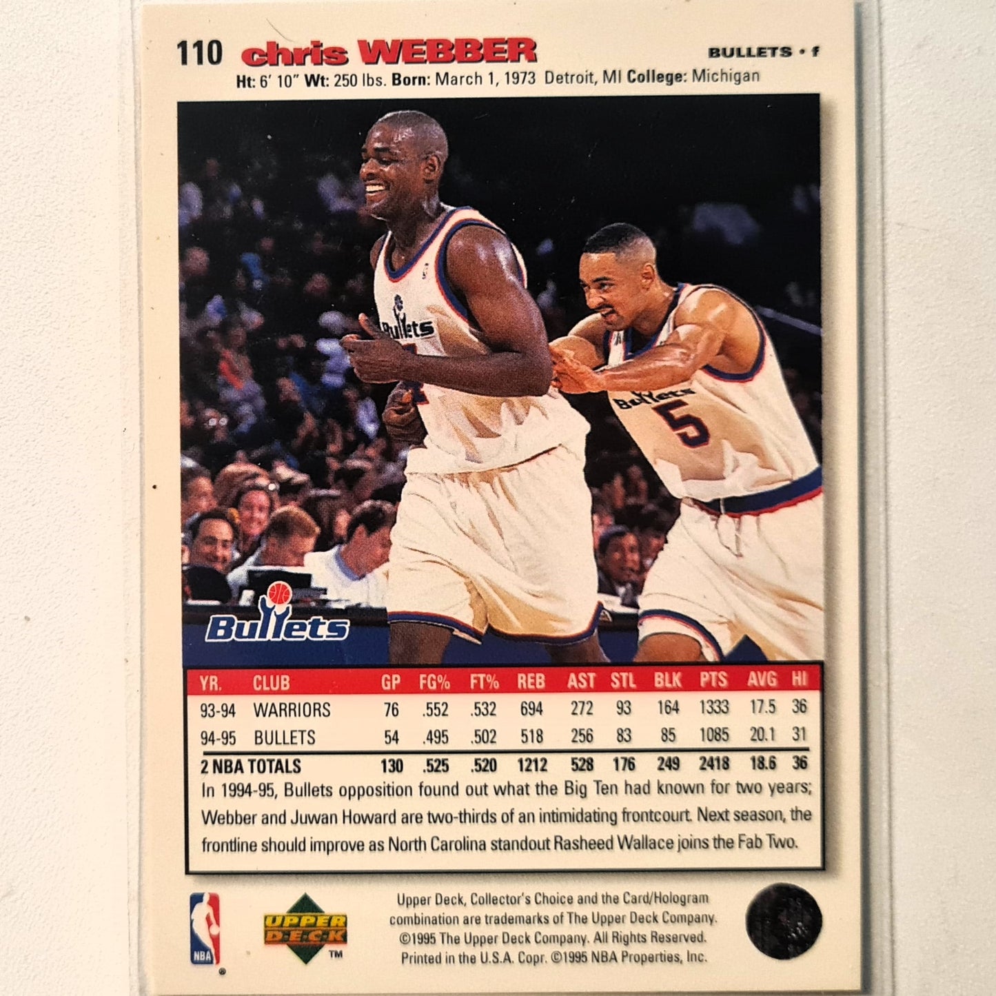 Chris Webber 1995 Upper-Deck #110 NBA Basketball Washington Bullets Excellent Sleeved