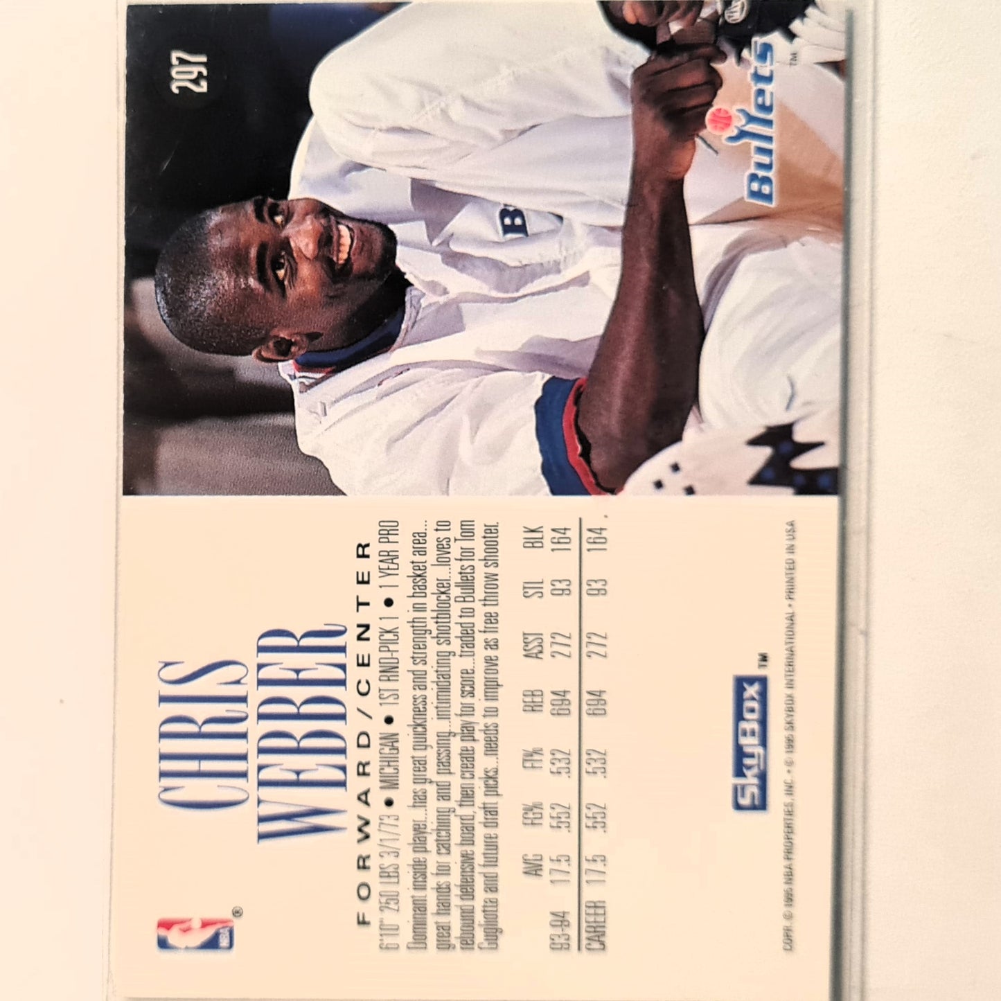 Chris Webber 1995 Skybox #297 NBA Basketball Washington Bullets Excellent Sleeved