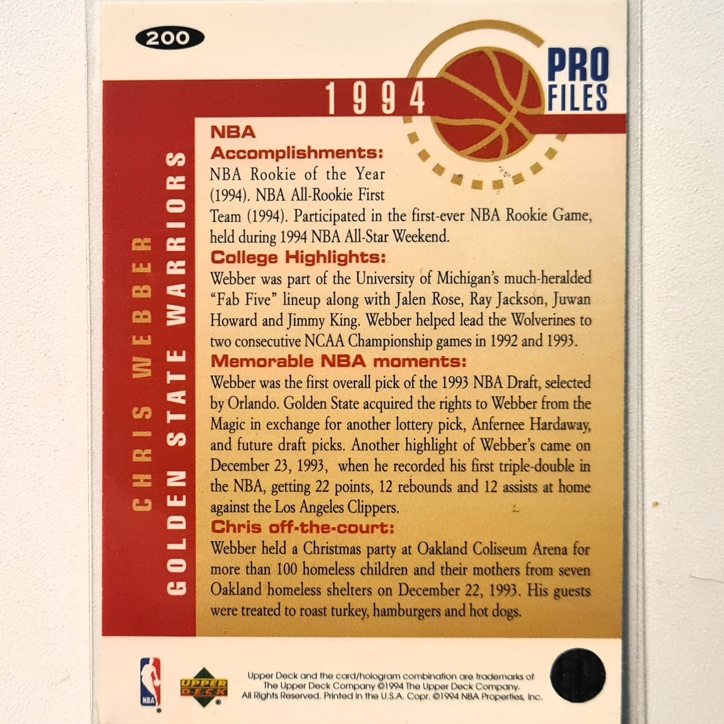 Chris Webber 1994 Upper-Deck pro files Rookie RC #200 NBA Basketball golden stated warriors Excellent Sleeved