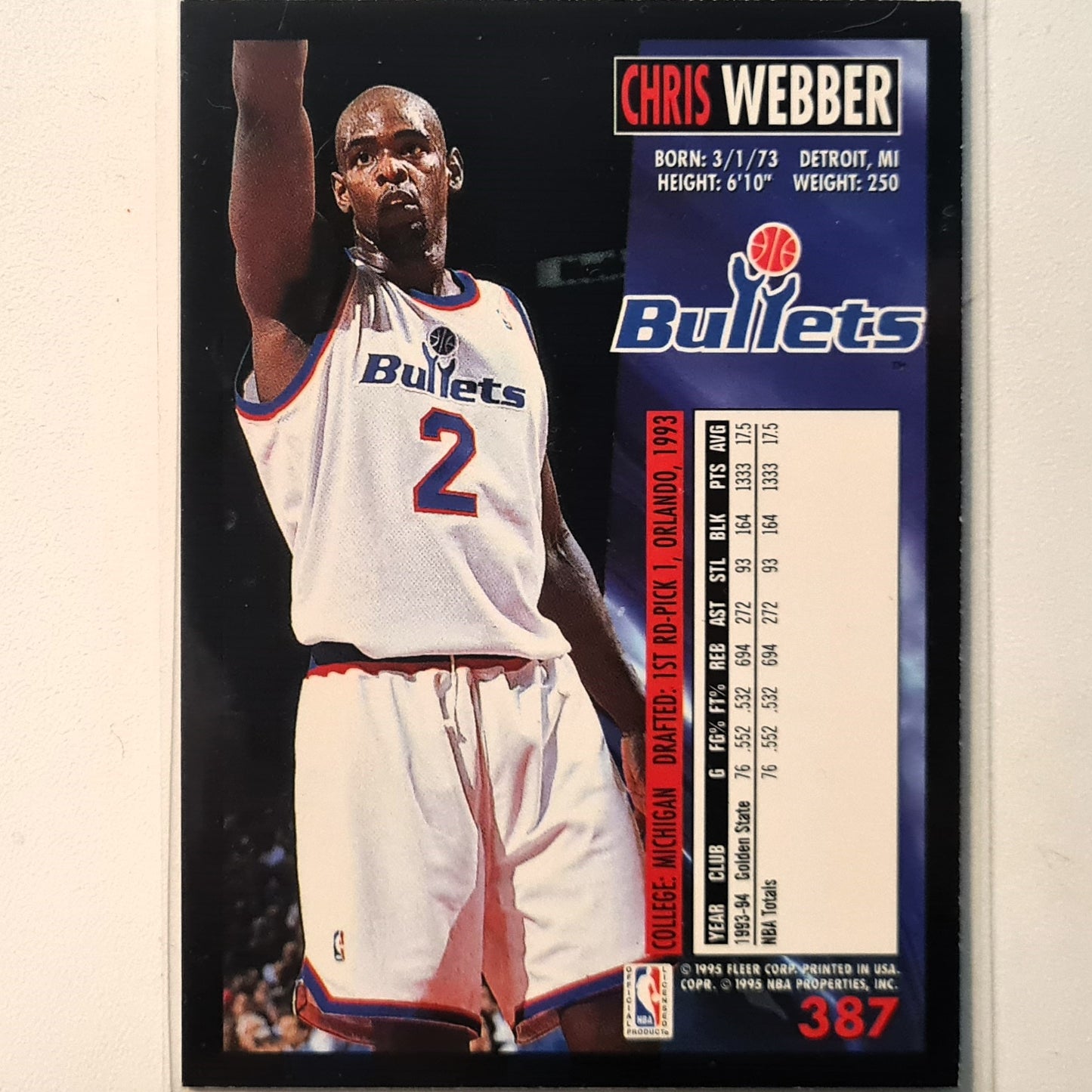 Chris Webber 1995 Fleer 94-95 blue #387 NBA Basketball Washington Bullets Excellent Sleeved