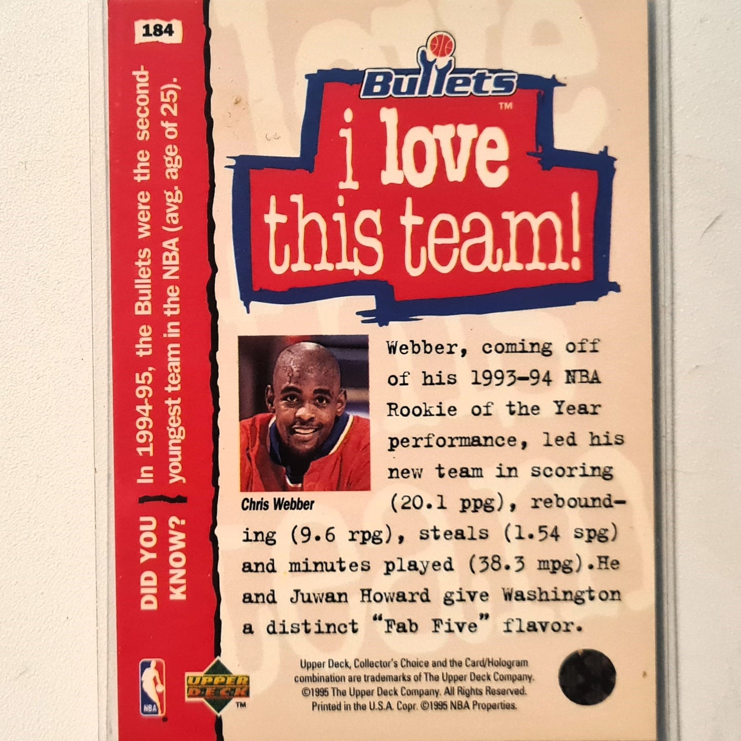 Chris Webber 1995 Upper-Deck i love this team #184 NBA Basketball Washington Bullets Excellent Sleeved