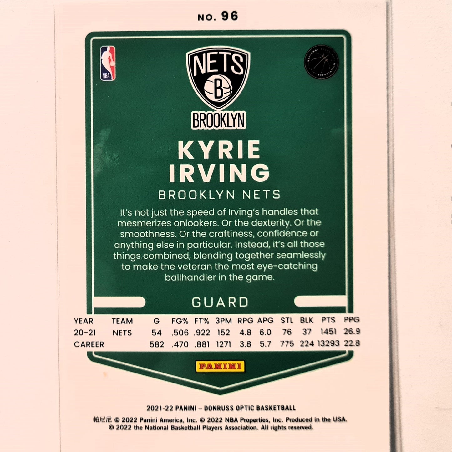 Kyrie Irving 2021-22 Panini Donruss Optic #96 NBA Basketball Brooklyn Nets excellent/mint Sleeved