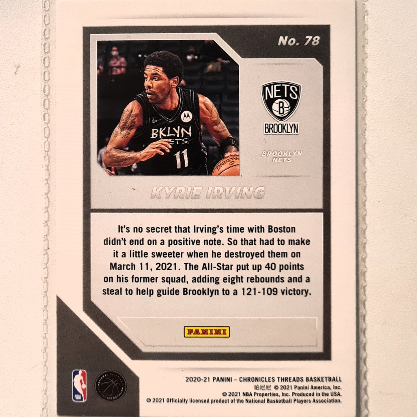 Kyrie Irving 2020-21 Panini Chronicles Threads #78 NBA Basketball Brooklyn Nets excellent Sleeved
