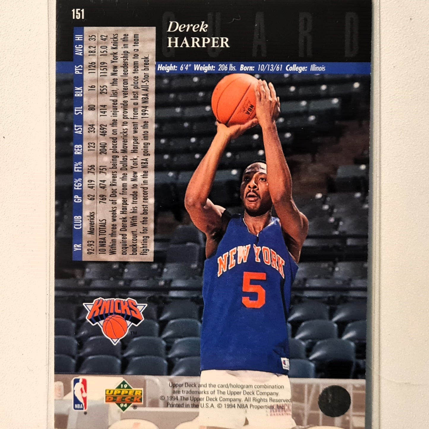 Derek Harper 1994 Upper-Deck #151 NBA Basketball New York Knicks Excellent Sleeved