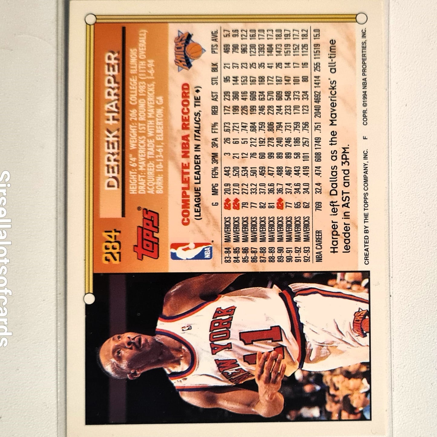 Derek Harper 1994 Topps #284 NBA Basketball New York Knicks Excellent Sleeved