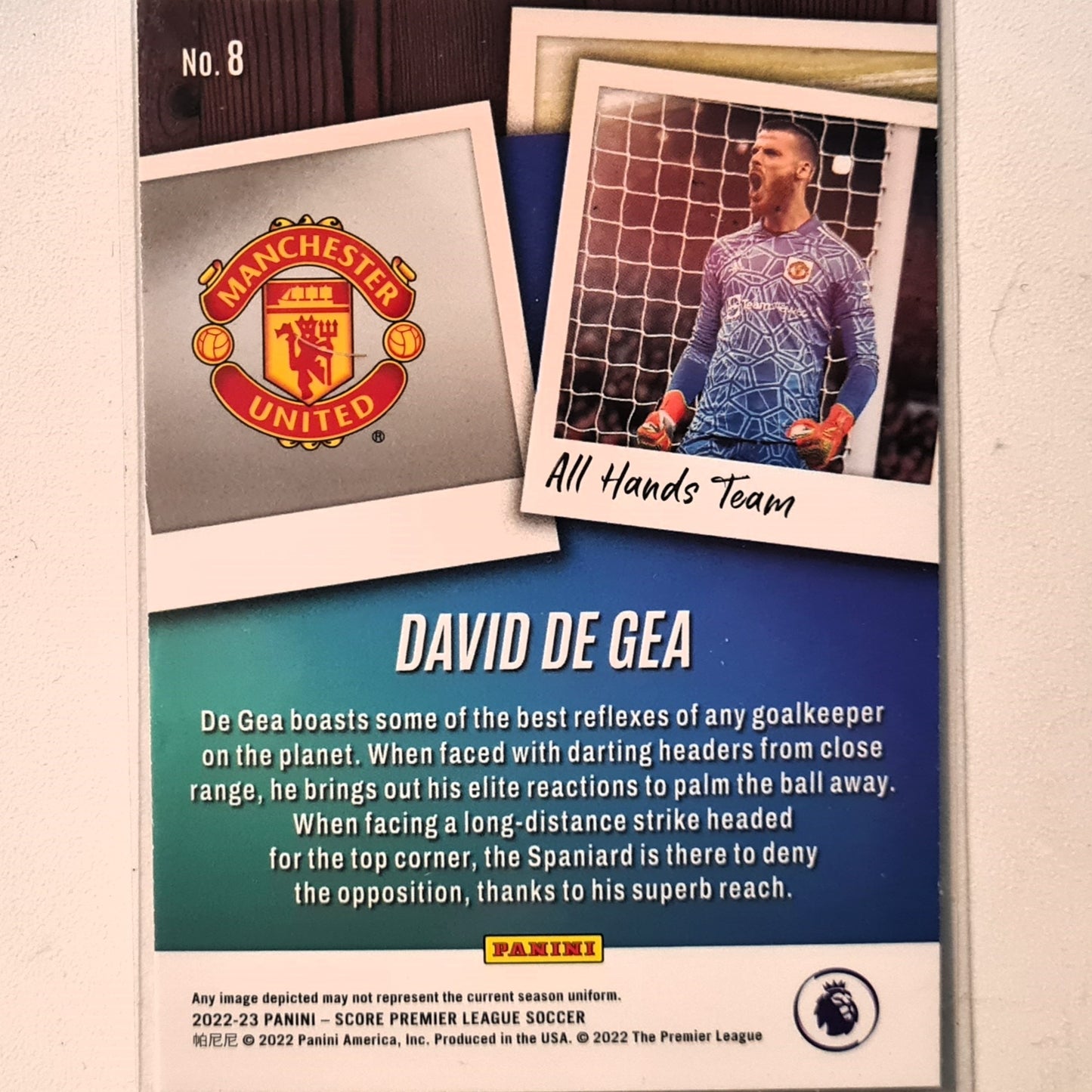 David De Gea 2022-23 Panini Score premier league All hands Team #8 Soccer Football Manchester United Excellent/mint Sleeved