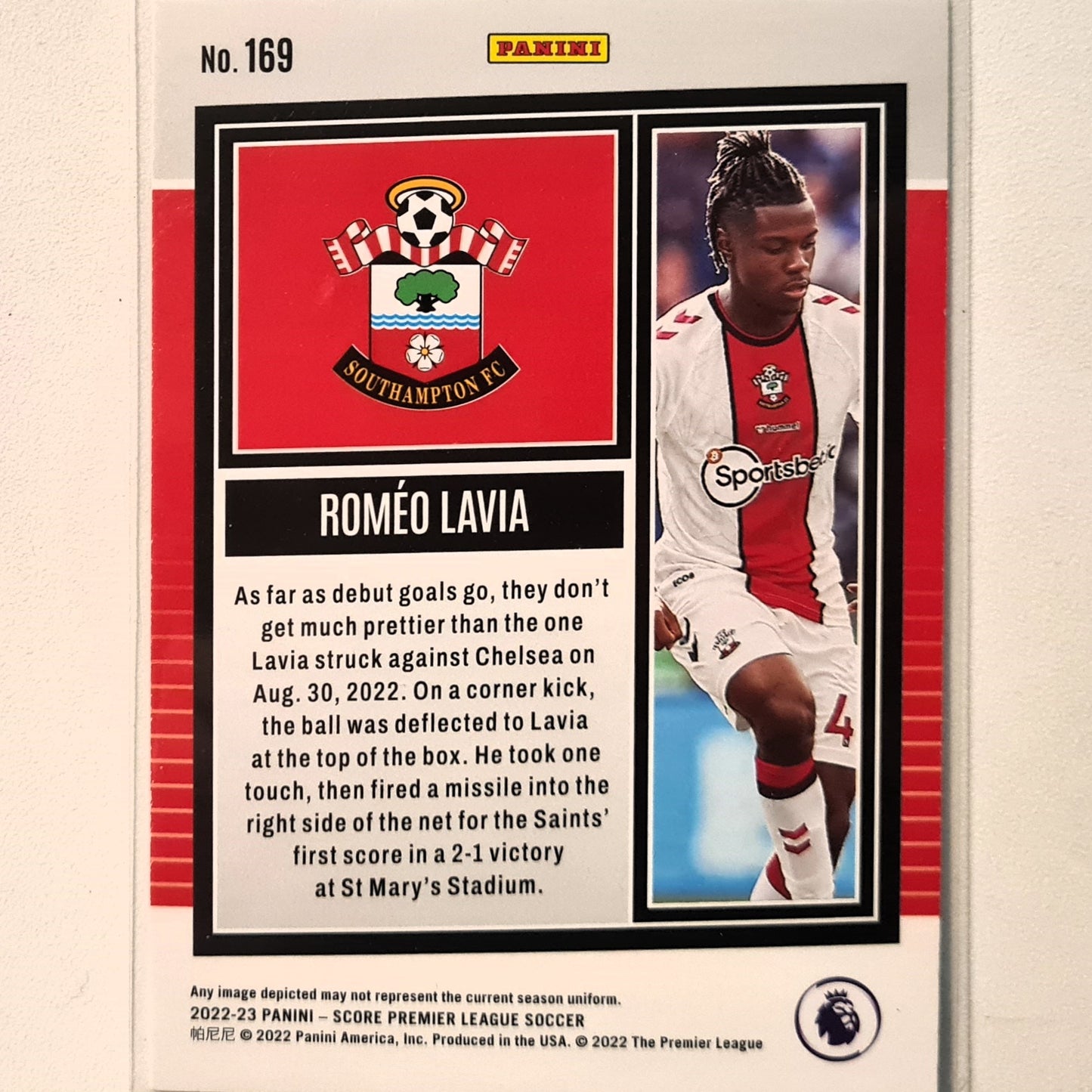 Romeo Lavia 2022-23 Panini Score premier league Rookie RC #169 Soccer Football Southampton FC Excellent/mint Sleeved