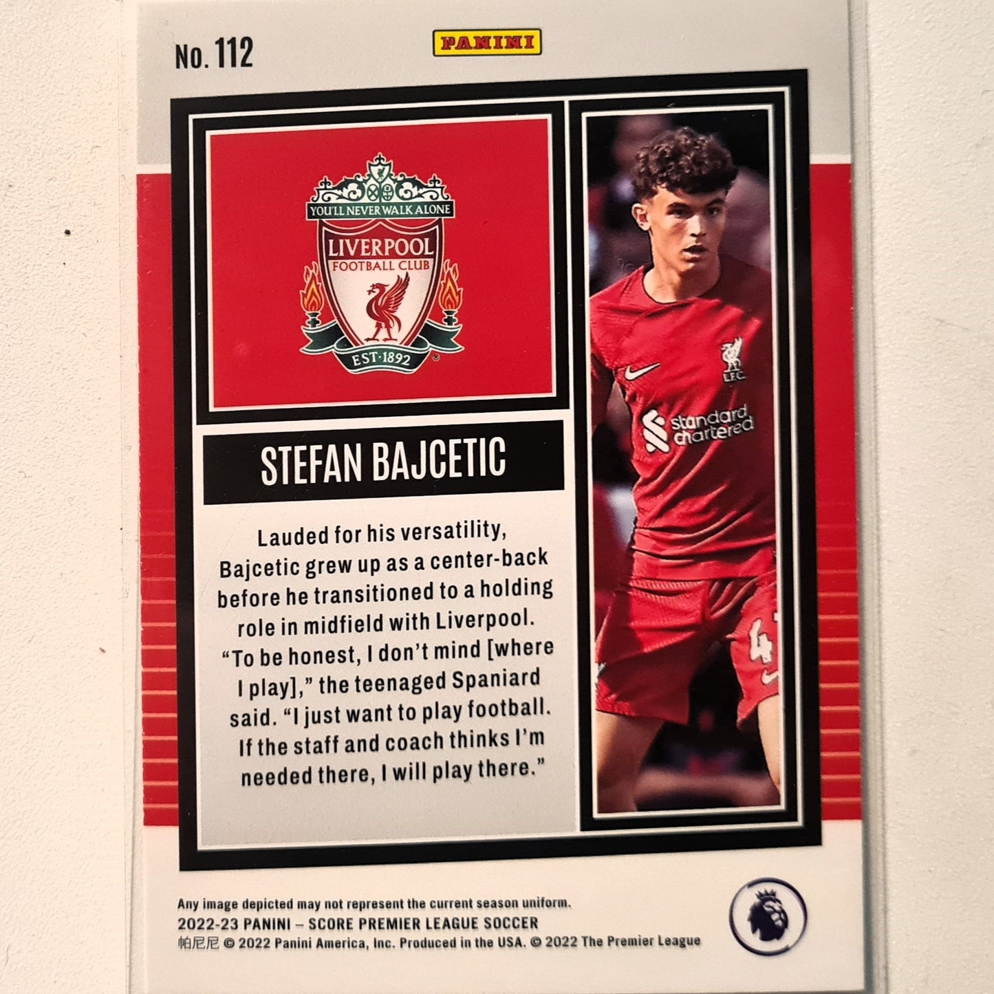 Stefan Bajcetic 2022-23 Panini Score premier league Rookie RC #112 Soccer Football Liverpool FC Excellent/mint Sleeved