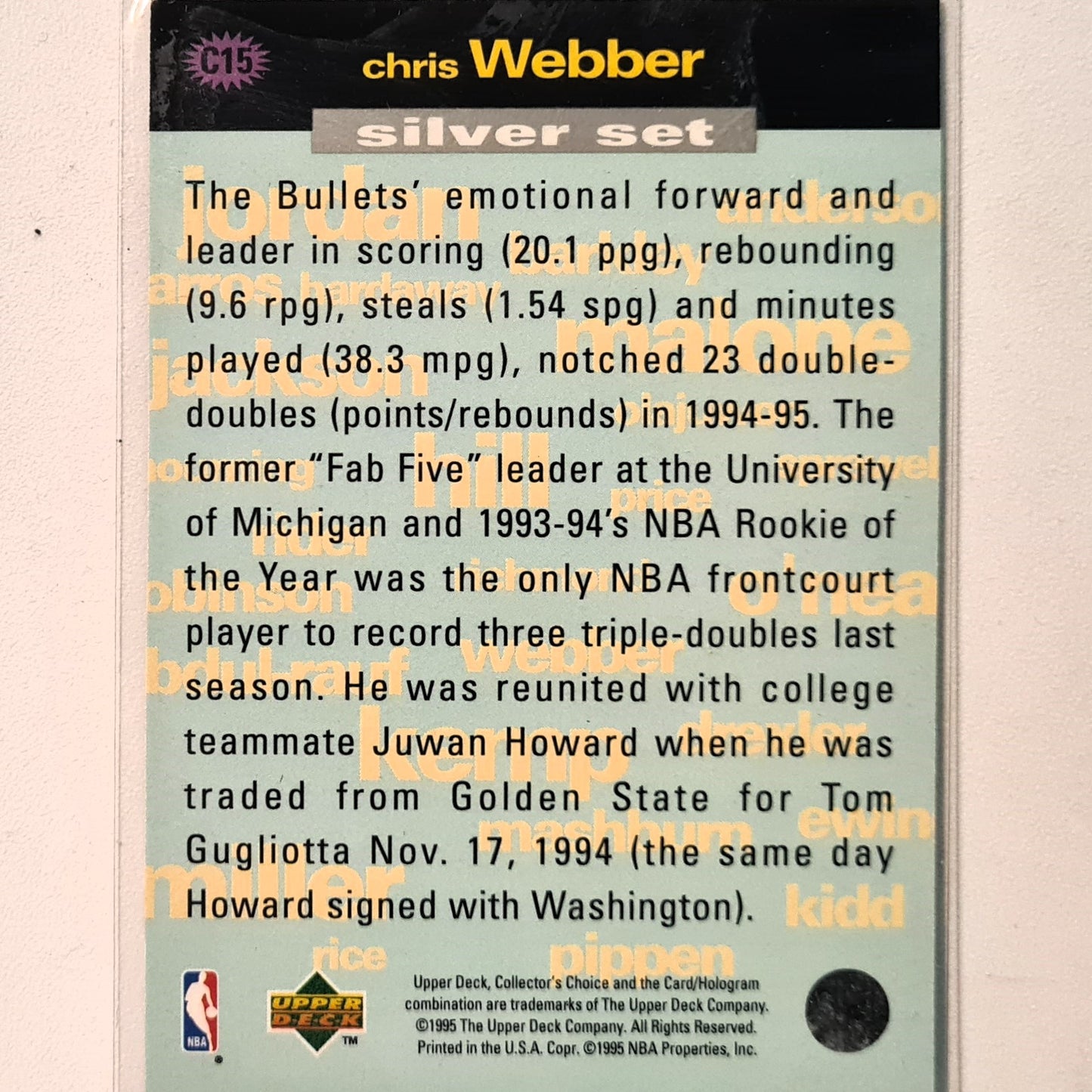 Chris Webber 1995 Upper-Deck crash the game silver set C15 NBA Basketball Washington Bullets Excellent Sleeved