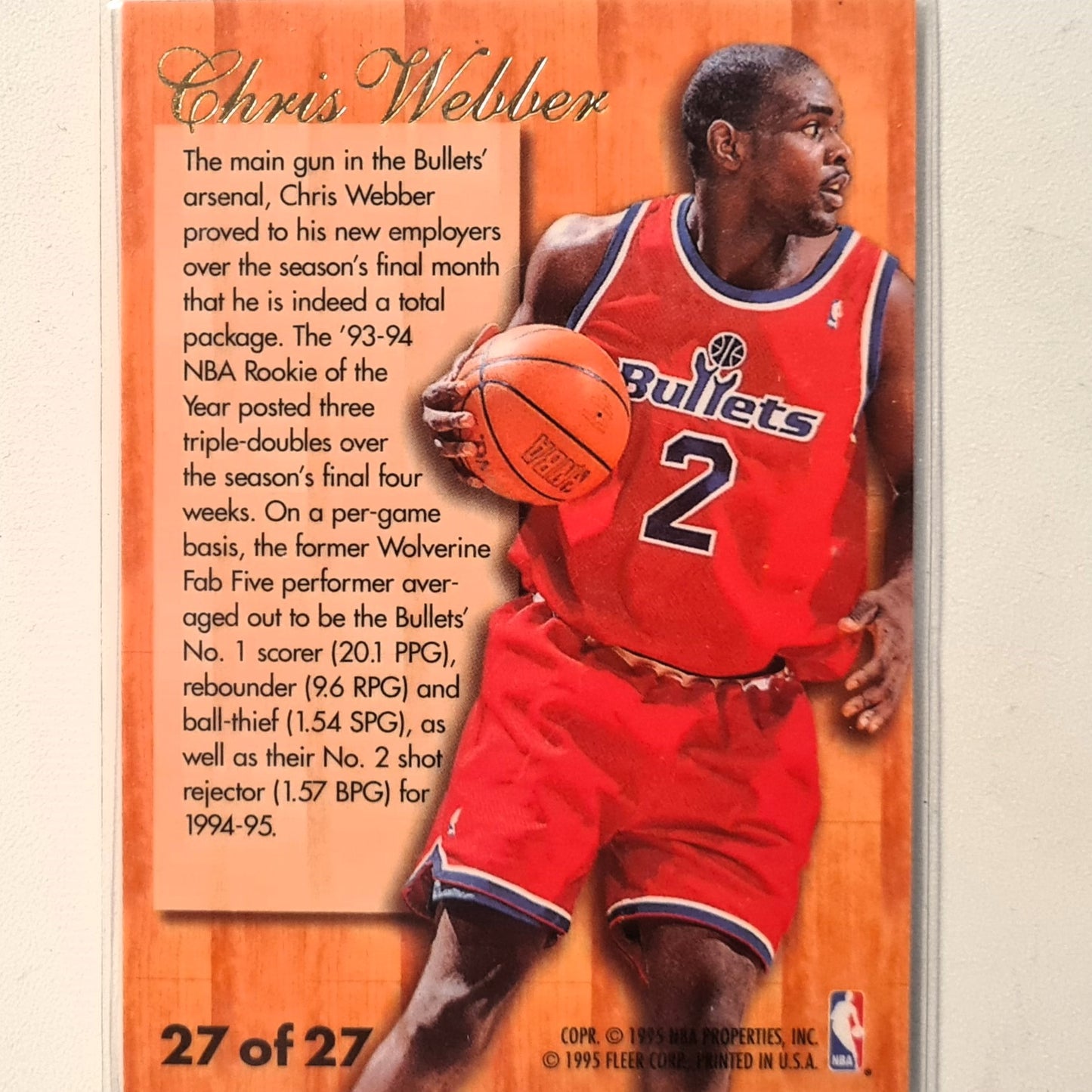 Chris Webber 1995 Fleer Flair 94-95 Hardwood Leader 27 of 27 NBA Basketball Washington Bullets Excellent Sleeved