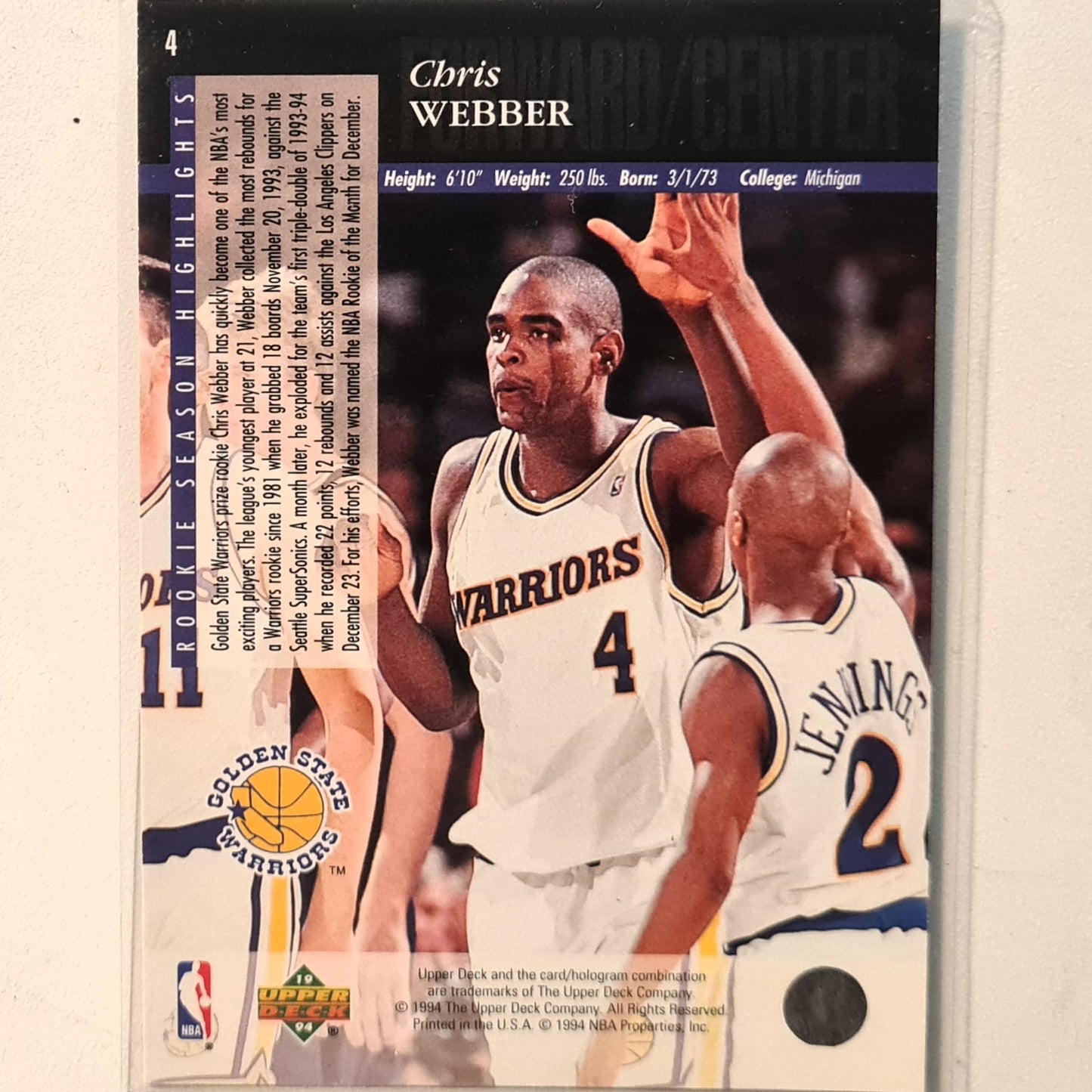 Chris Webber 1994 Upper-Deck Rookie RC #4 NBA Basketball Golden State Very good Sleeved