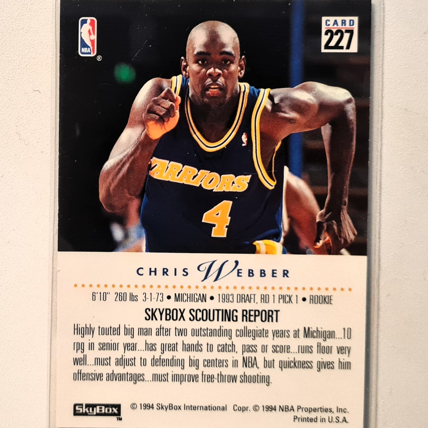 Chris Webber 1994 Skybox 93-94 Rookie RC #227 NBA Basketball Golden State Warriors Excellent Sleeved