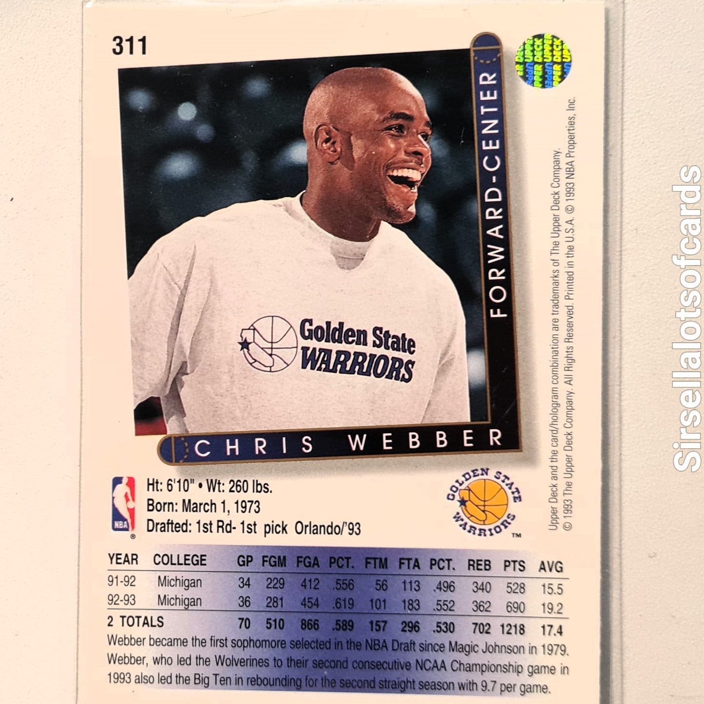 Chris Webber 1993 Upper-Deck Rookie RC #311 NBA Basketball Golden State Warriors Excellent Sleeved