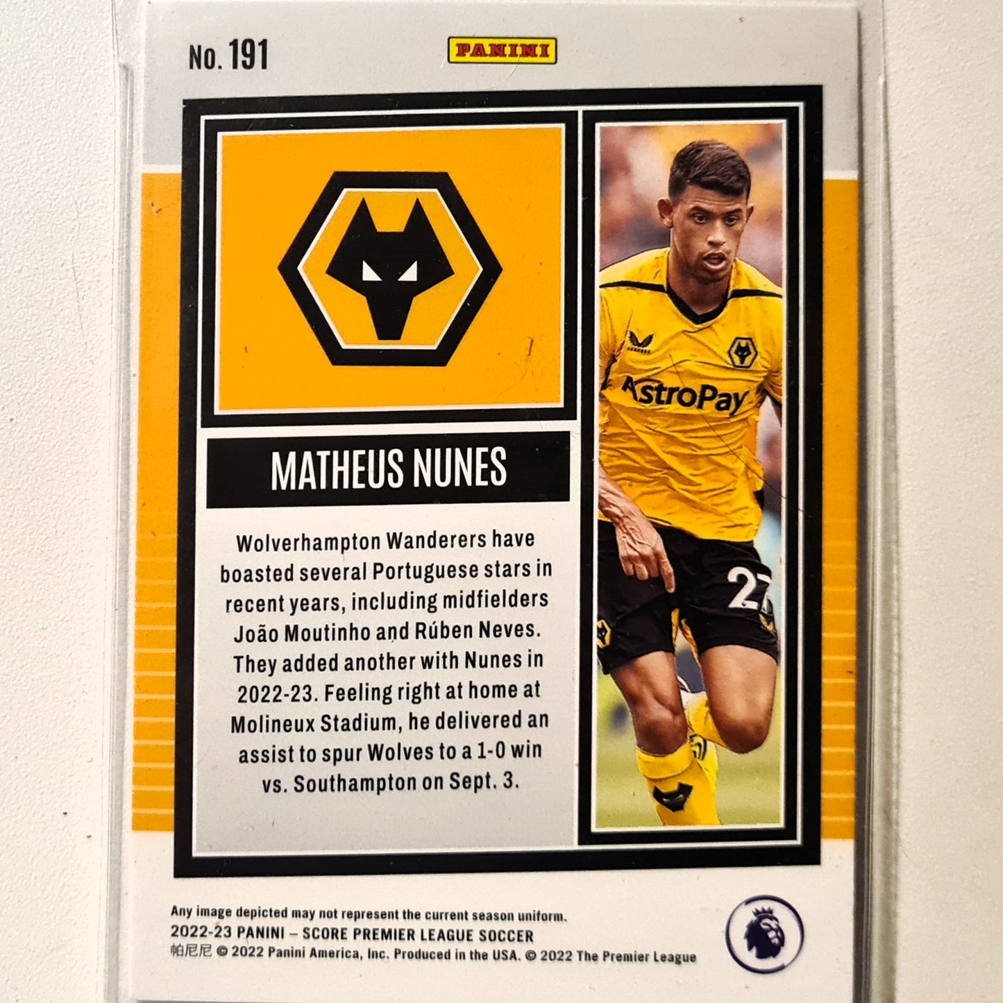 Matheus Nunes 2022-23 Panini Score Premier League Soccer Rookie RC #191 Soccer Football Wolverhampton Wanderers Excellent/mint sleeved