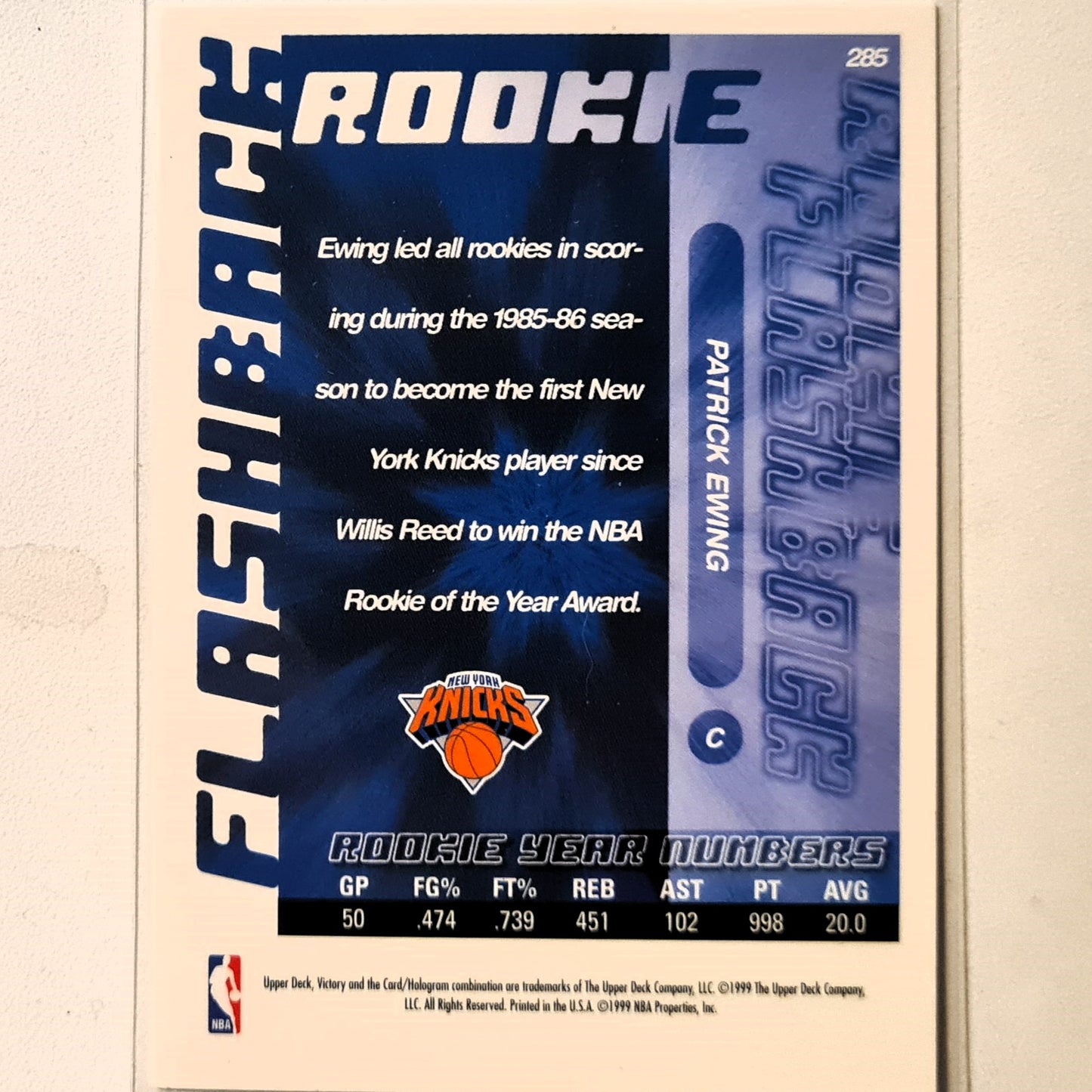 Patrick Ewing 1999 Upper-Deck Victory  Rookie Flashback #285 NBA Basketball New York Knicks Excellent sleeved