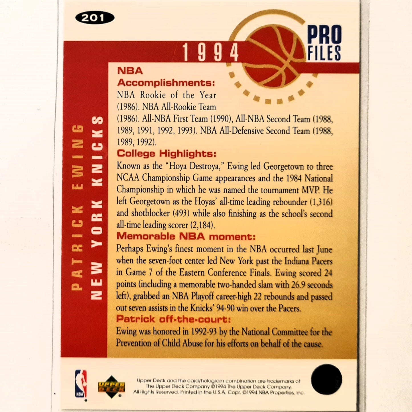 Patrick Ewing Upper-Deck 1994 Pro Files #201 NBA Basketball New York Knicks Excellent sleeved