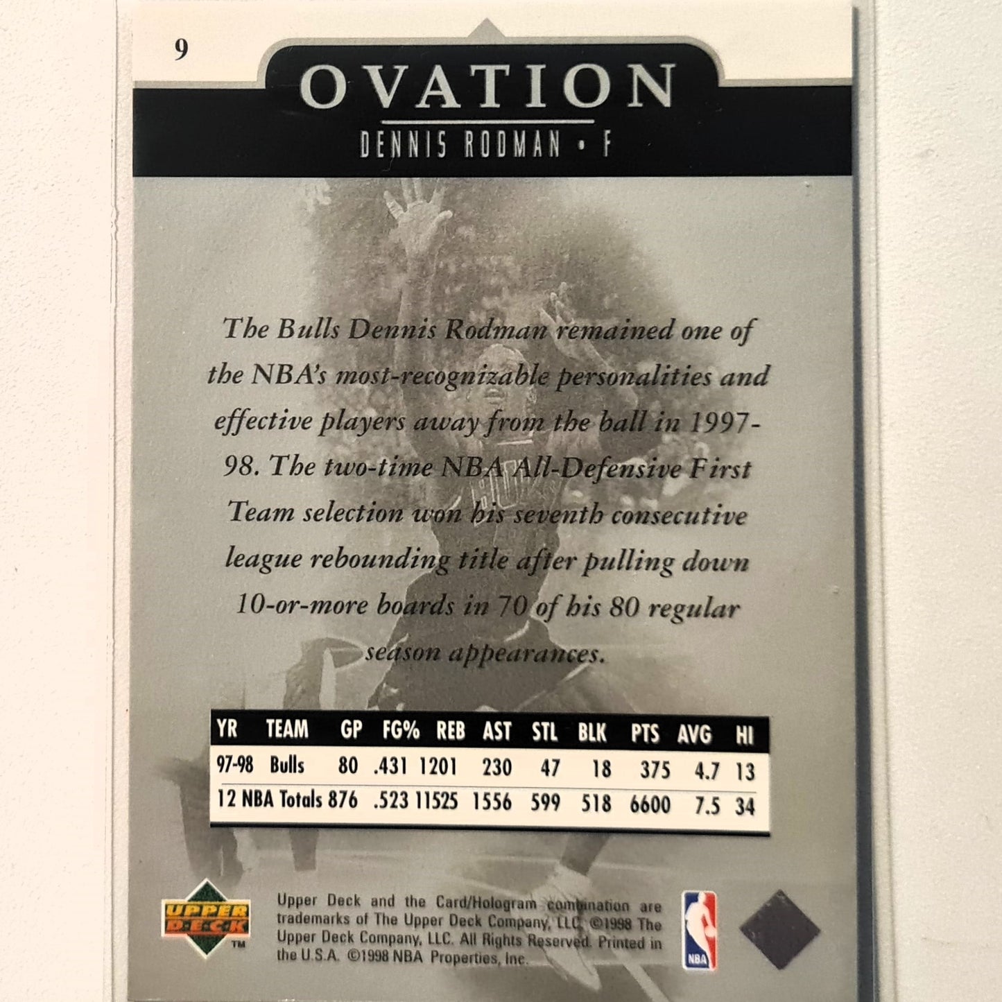 Dennis Rodman 1998 Upper-Deck Ovation #9 NBA Basketball Chicago Bulls Excellent sleeved