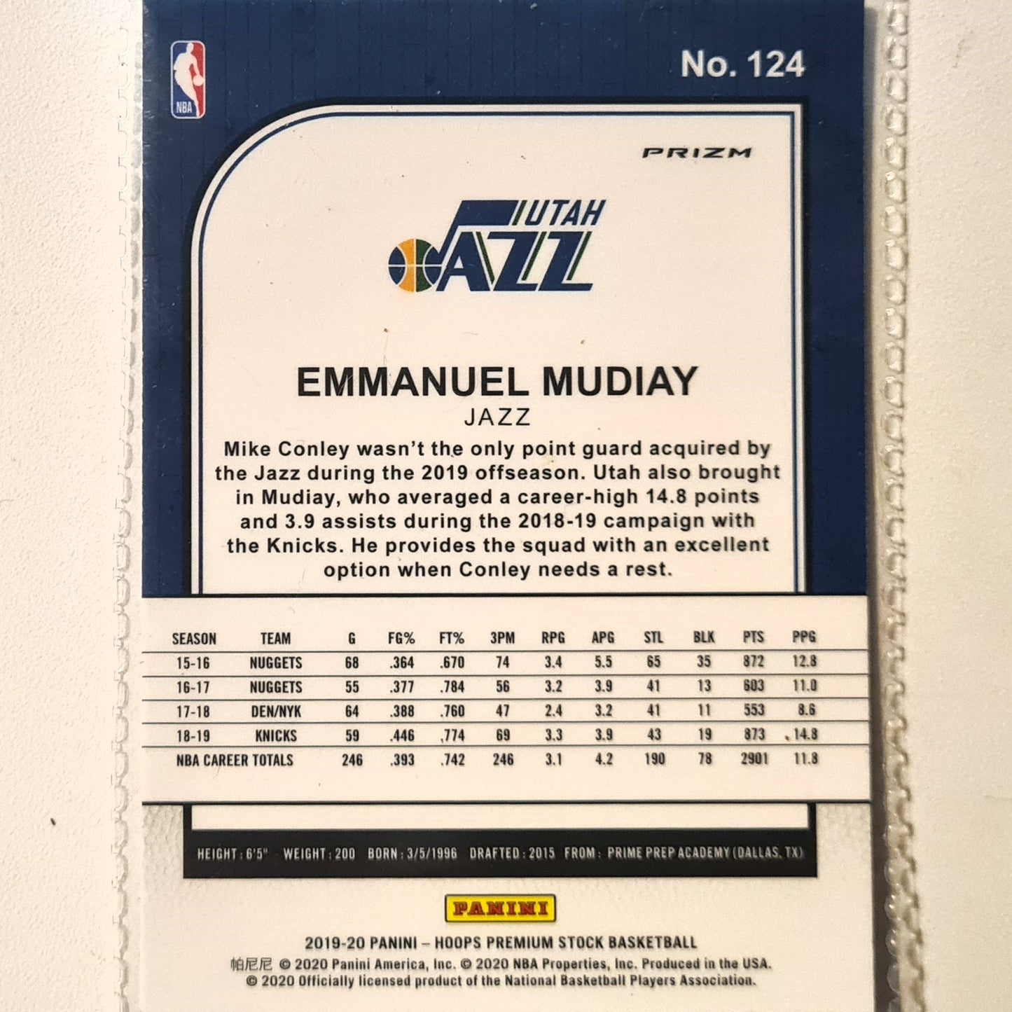 Emmanuel Mudiay 2019-20 Panini NBA Hoops premium stock prizm cracked ice #124 NBA Basketball Utah Jazz Excellent sleeved