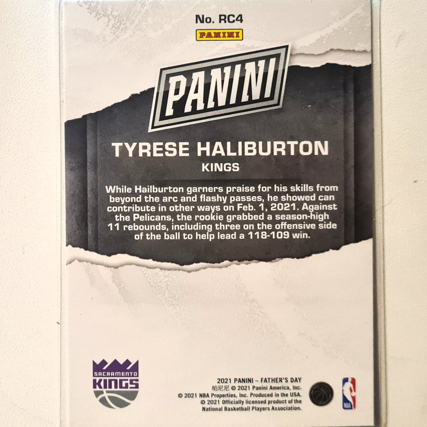 Tyrese Haliburton 2021 Panini Father's Day Rookie RC Rc4 NBA Basketball Sacramento Kings Excellent sleeved