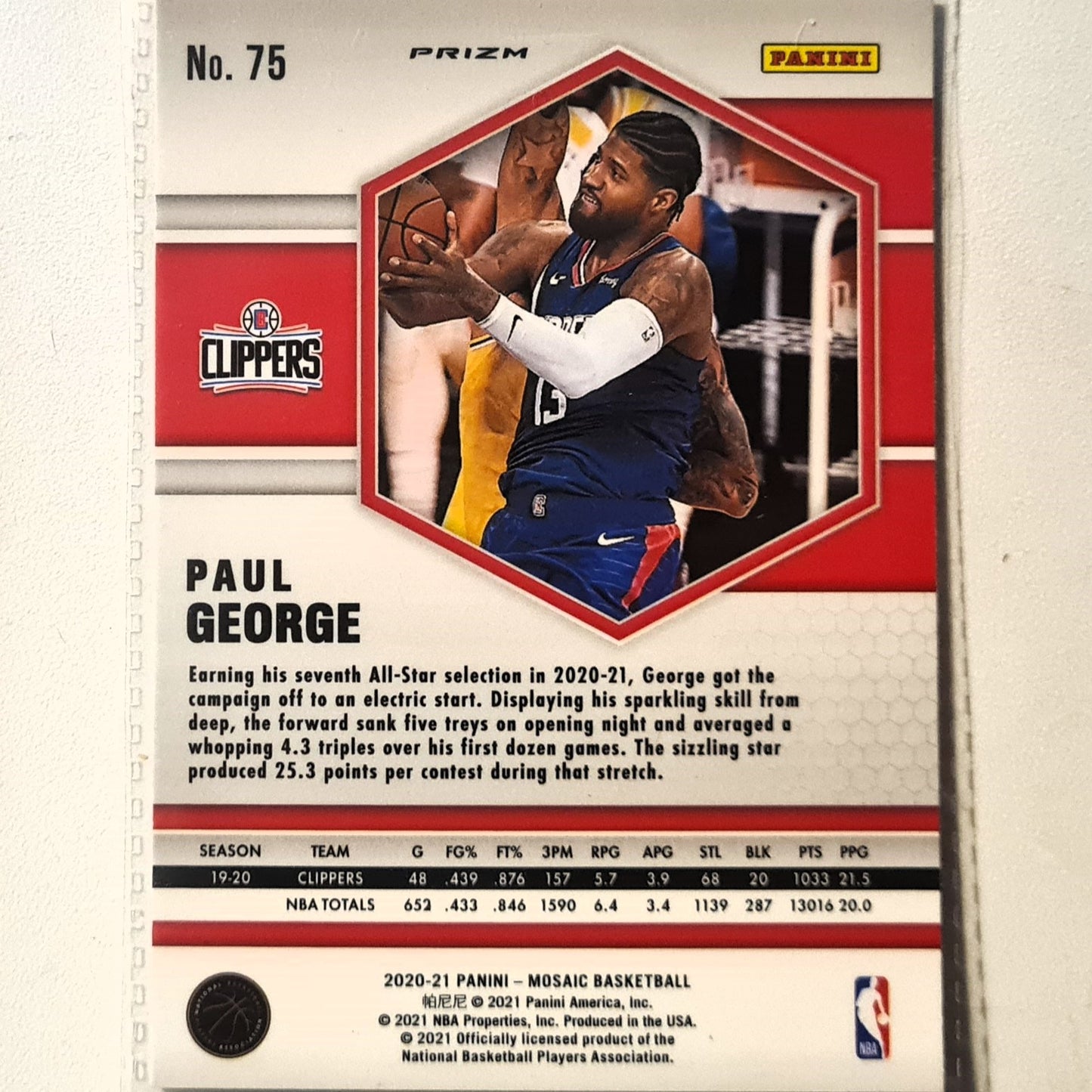 Paul George 2020-21 Panini Mosaic pink prizm #75 NBA Basketball LA Clippers Excellent/mint sleeved