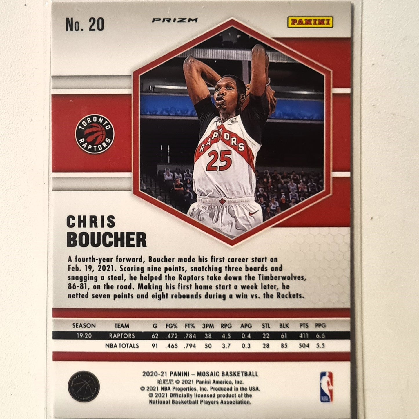 Chris Boucher 2020-21 Panini Mosaic pink prizm #20 NBA Basketball Toronto Raptors Excellent/mint sleeved